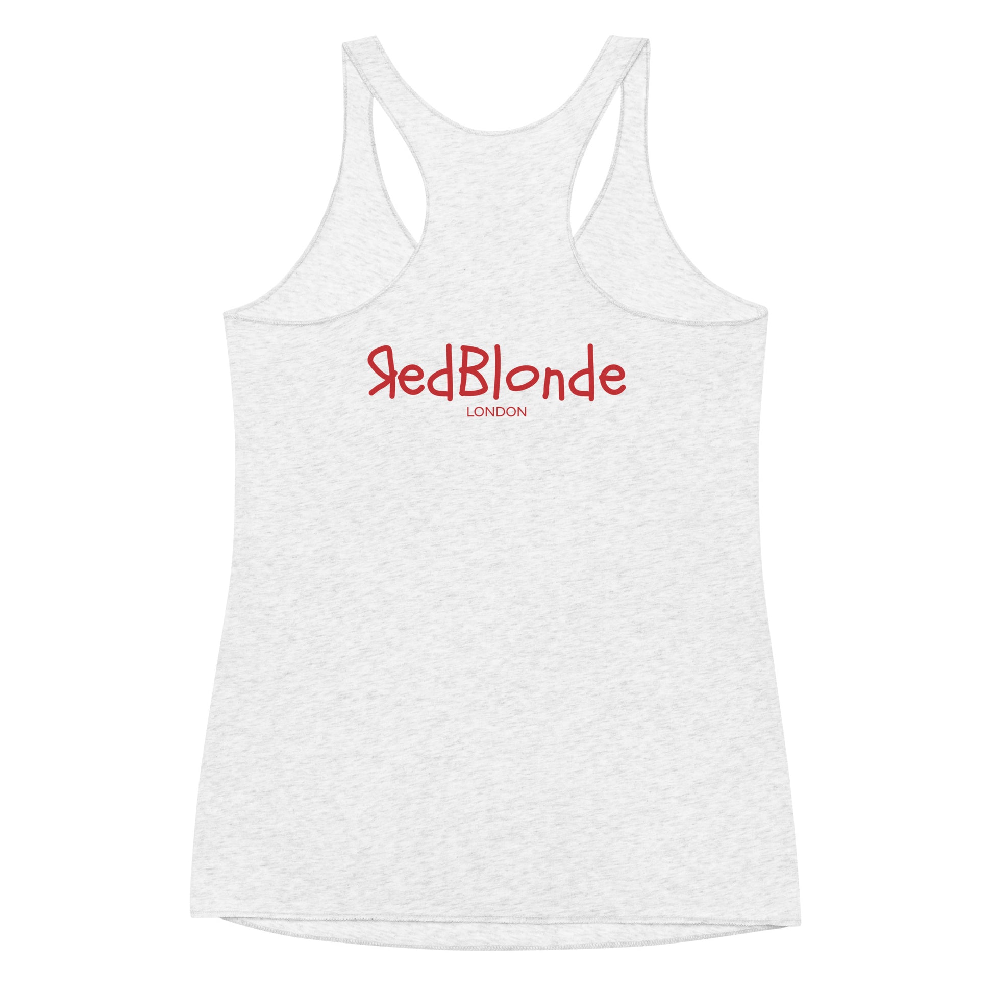 flatlay of reverse of heather white soft racerback tank t-shirt with Redblonde London branding in red 