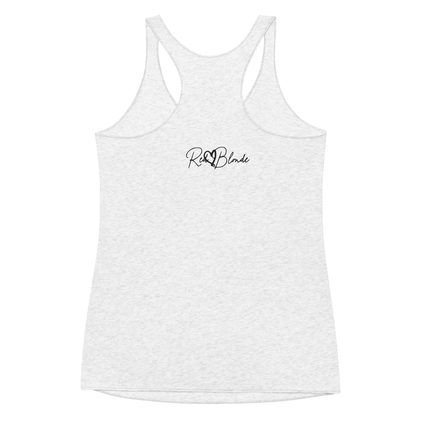 reverse of white racerback tank with RedBlonde signature logo