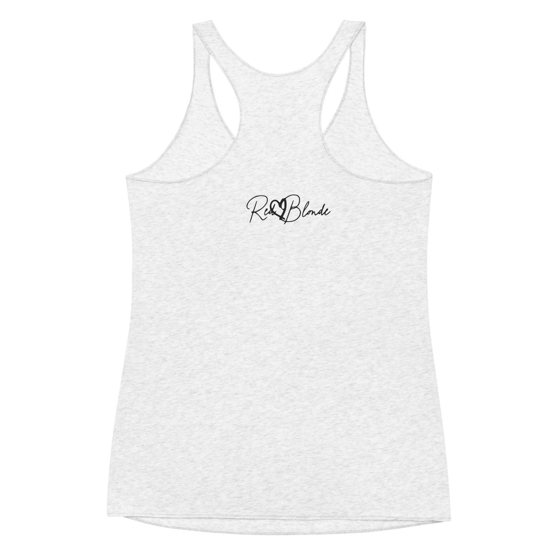 reverse of white racerback tank with RedBlonde signature logo