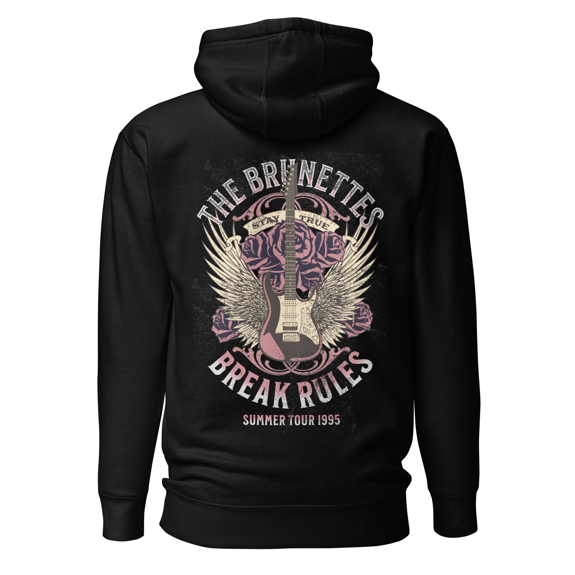 The reverse side of a black 3 panel unisex classic hoodie with a burnt pink & beige graphic of a guitar with bird wings emerging from the side. The graphic features ‘THE BRUNETTES’ in Brookfield font above the guitar, ‘STAY TRUE’ across the top, and ‘BREAK RULES - Summer Tour 1995’ underneath. Branded RedBlonde London in inside neck and embroidered RedBlonde on front top right breast area. 