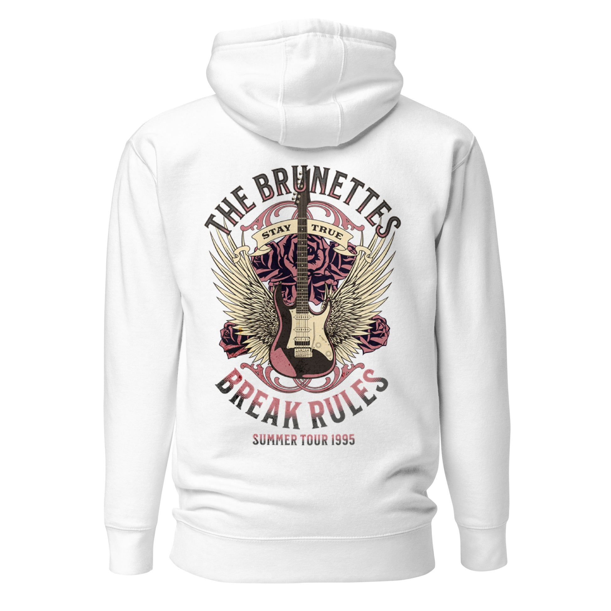 The reverse side of a white 3 panel unisex classic hoodie with a burnt pink & beige graphic of a guitar with bird wings emerging from the side. The graphic features ‘THE BRUNETTES’ in Brookfield font above the guitar, ‘STAY TRUE’ across the top, and ‘BREAK RULES - Summer Tour 1995’ underneath. Branded RedBlonde London in inside neck and embroidered RedBlonde on front top right breast area. 