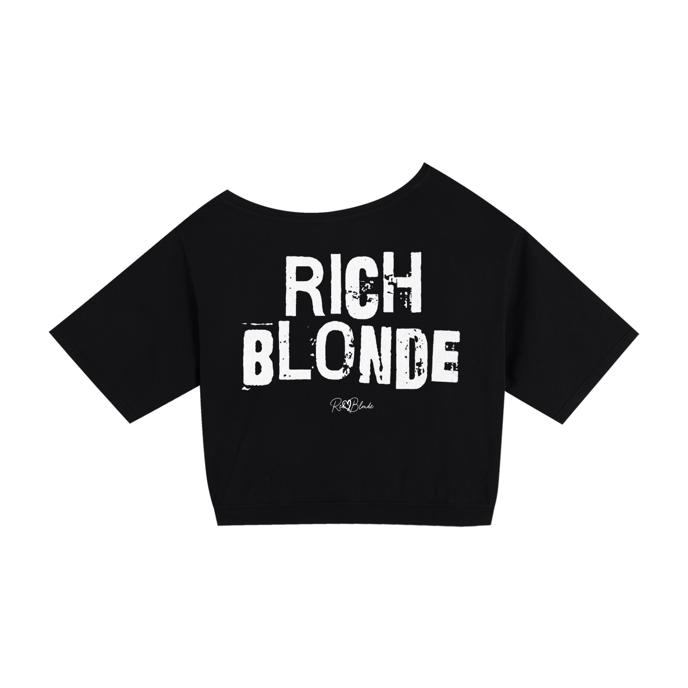 Black asymmetrical shoulder t-shirt with bold white Ed Gein font “RICH BLONDE" slogan on the front and RedBlonde logo beneath.
