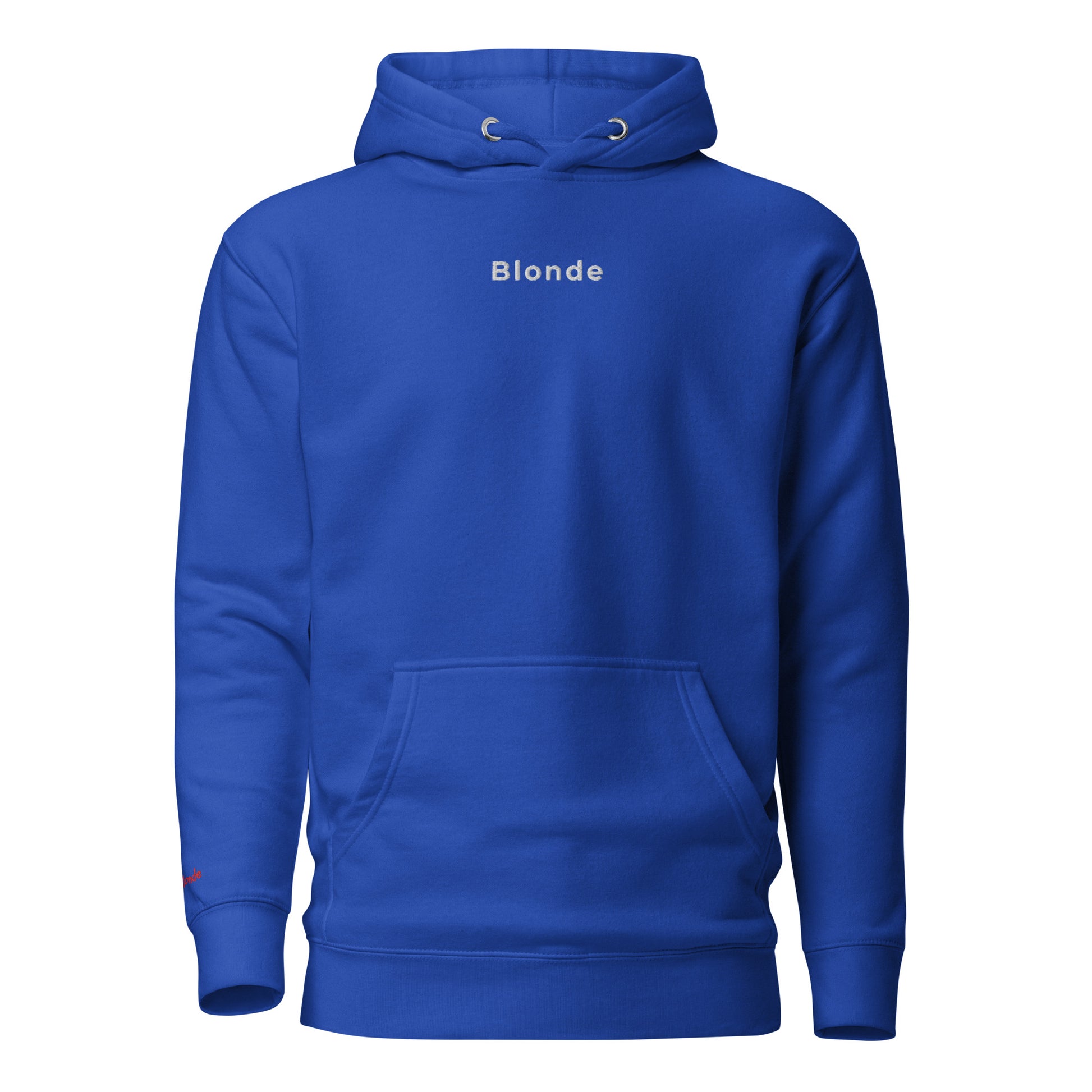 Front view of a unisex royal blue hoodie with the word 'Blonde' embroidered in white. The hoodie features bold distressed North Road white text reading “Fierce Blonde” with the RedBlonde signature logo beneath, on the reverse side. The design has a confident, statement-making style.It is branded RedBlonde on the inside neck and right sleeve