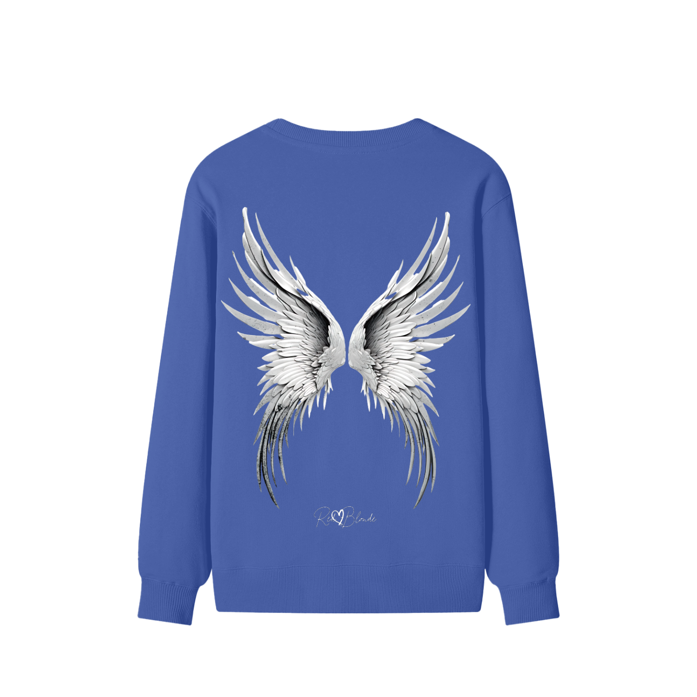 Royal blue sweatshirt featuring a striking pair of detailed silver-grey angel wings printed across the back, with the RedBlonde signature logo beneath the design.