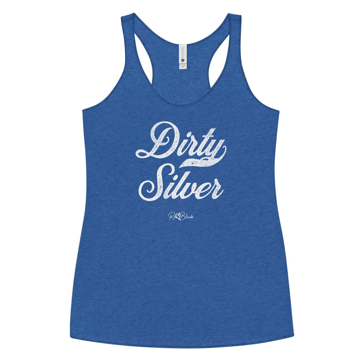a blue women's racerback tank with the playful slogan ‘Dirty Silver’ in white milk-store font, signed off RedBlonde.