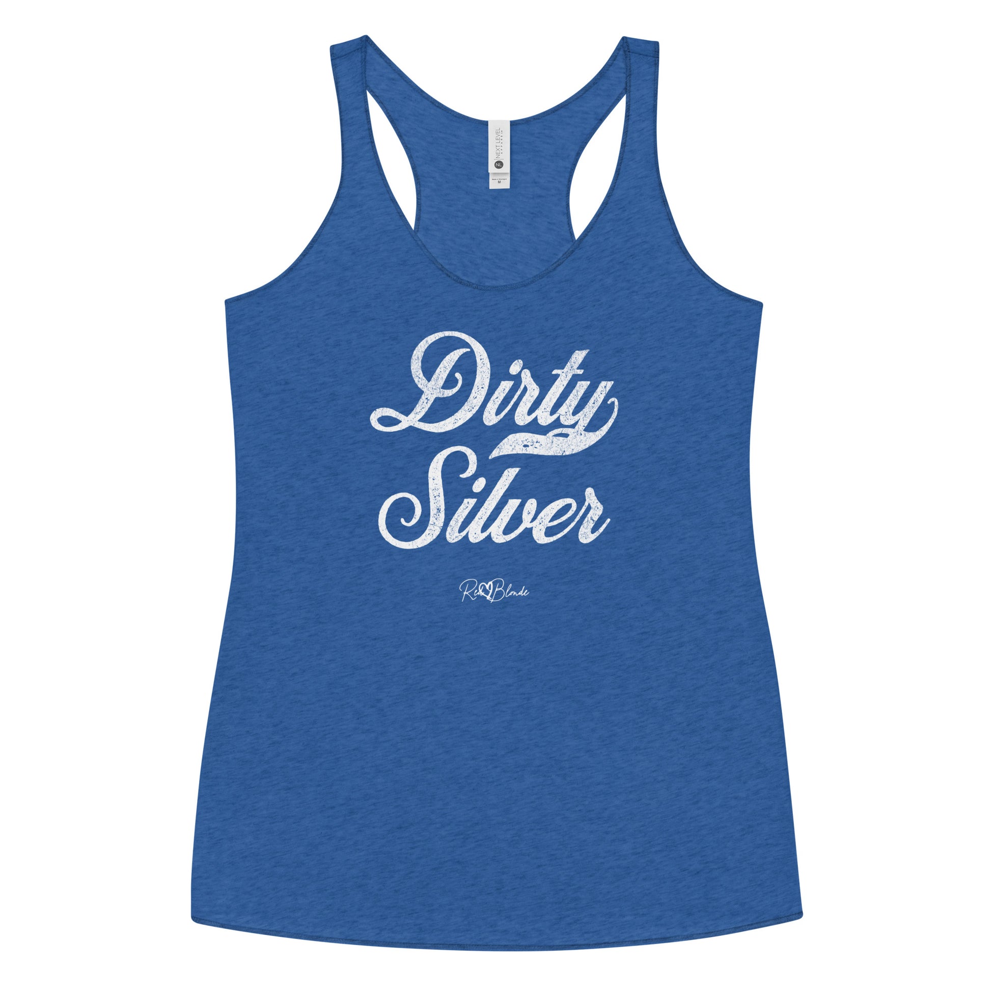 a blue women's racerback tank with the playful slogan ‘Dirty Silver’ in white milk-store font, signed off RedBlonde.