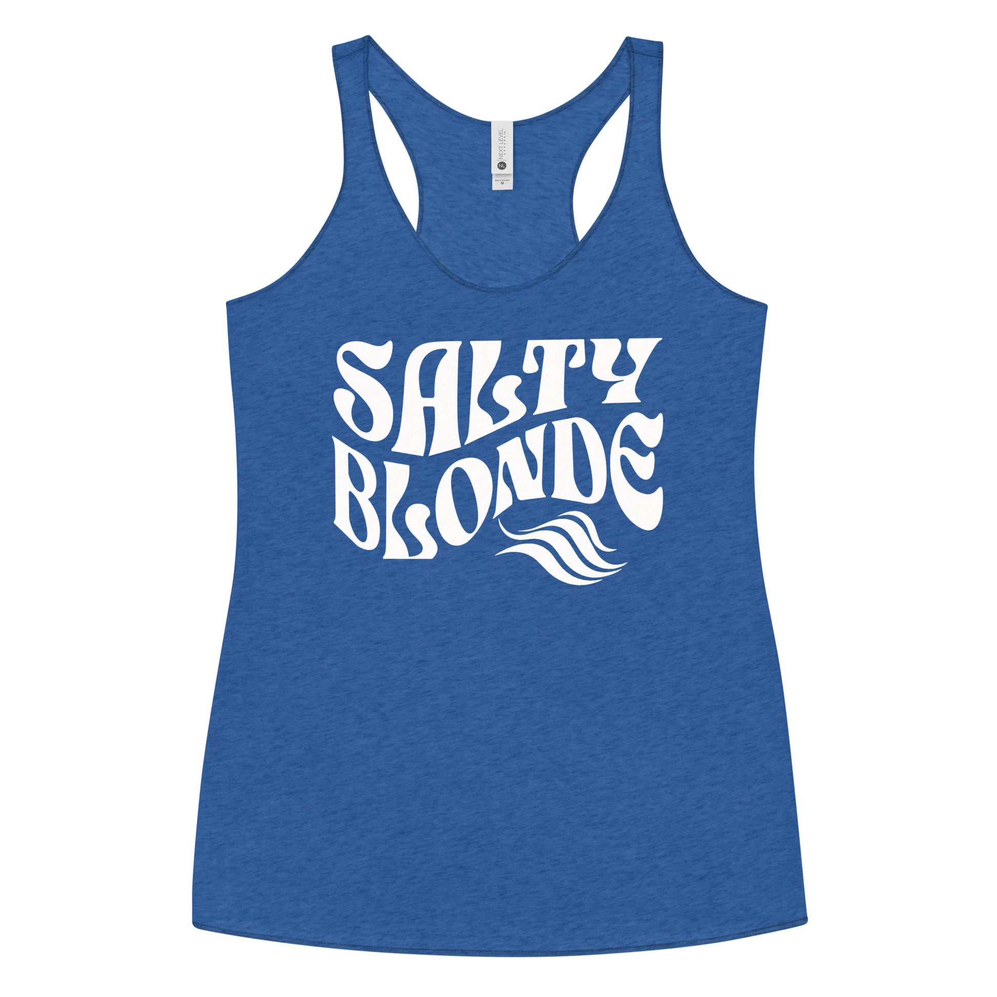 Flatlay of a royal blue soft racerback tank t-shirt with 'Salty Blonde' play on words slogan in white retro 70s font.  Branded RedBlonde on reverse