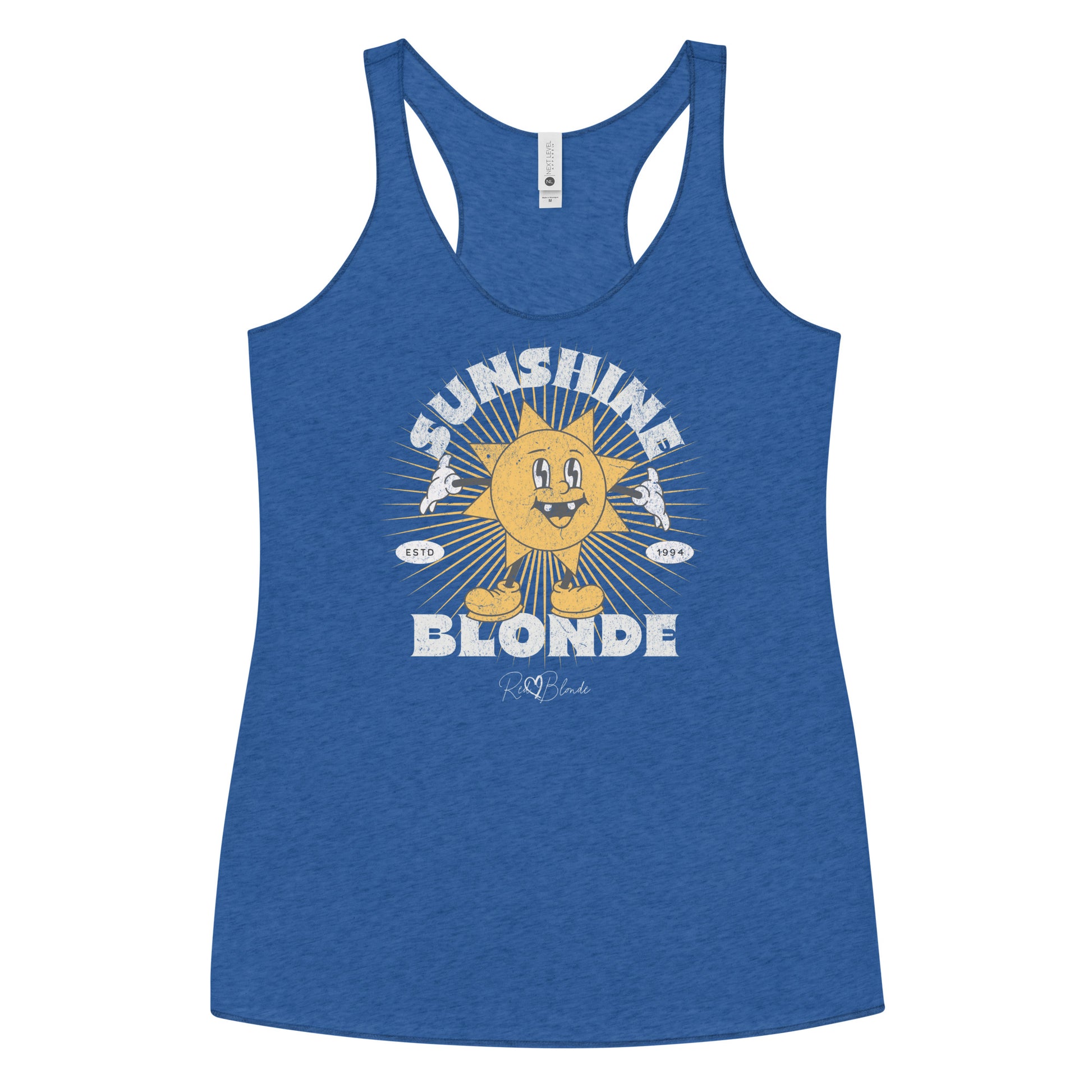 royal blue women’s racerback tank with a retro cartoon-style yellow sun character, smiling with open arms, surrounded by radiant sunbeams. The text reads ‘Sunshine Blonde’ in bold vintage Belzebuth lettering, with small details including ‘ESTD 1994’ and the RedBlonde signature logo beneath."