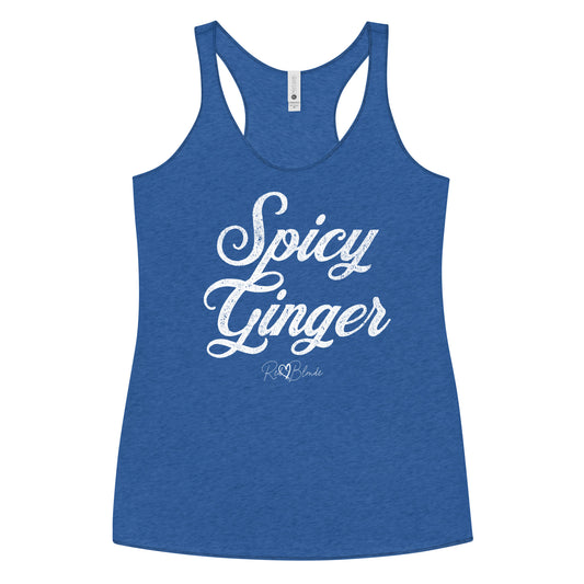 royal blue women's racerback tank with the playful slogan ‘Spicy Ginger’ in white milk-store font, signed off RedBlonde. Branded RedBlonde London in red on the reverse