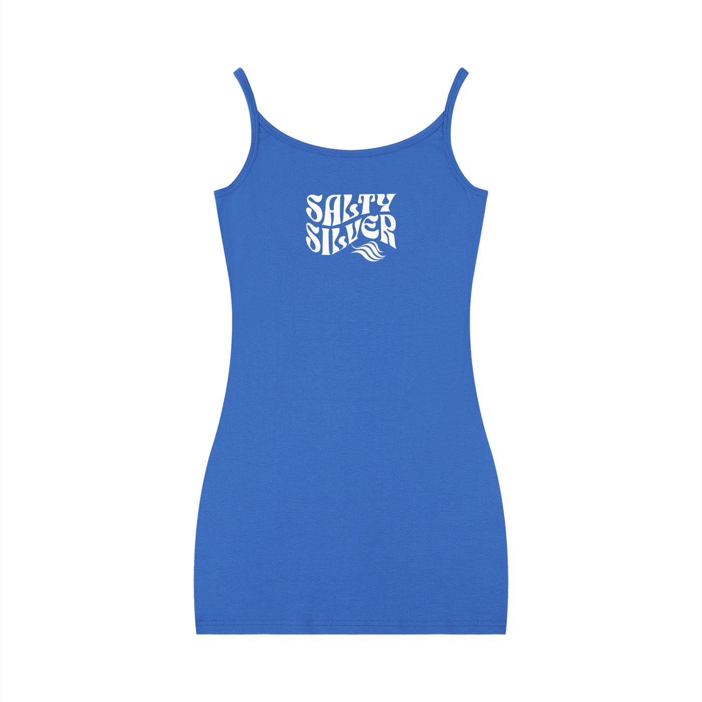 Blue bodycon mini dress with thin straps and a scoop neckline, featuring a white Salty Silver graphic in Solino Display font on the chest.