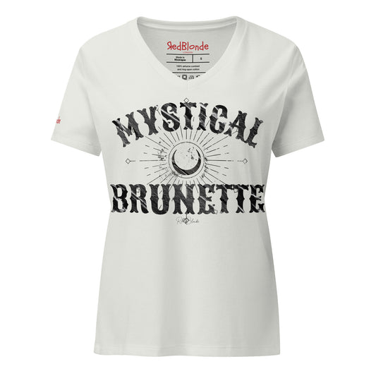 Women’s silver v-neck t-shirt with bold Sancreek vintage-style black lettering that reads ‘Mystical Brunette’ with a crescent moon and radiant sunburst graphic. Branded RedBlonde in red on inside neck and right sleeve