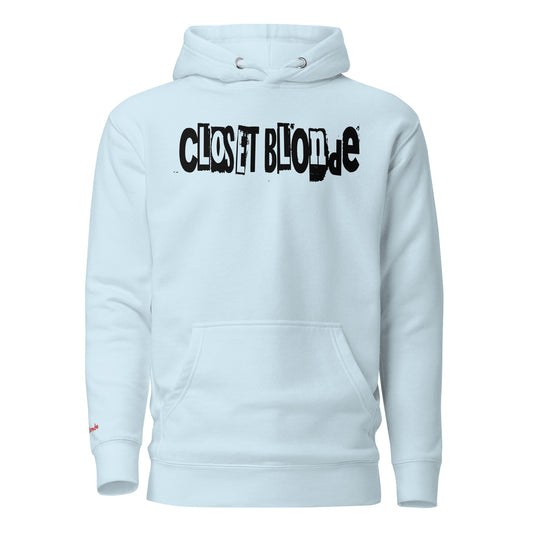 Flatlay of a unisex sky blue relaxed fit graphic classic hoodie with “Closet Blonde” in irregular black and white printing block style caps and lowercase lettering. Branded RedBlonde on the inside neck and right shoulder in red