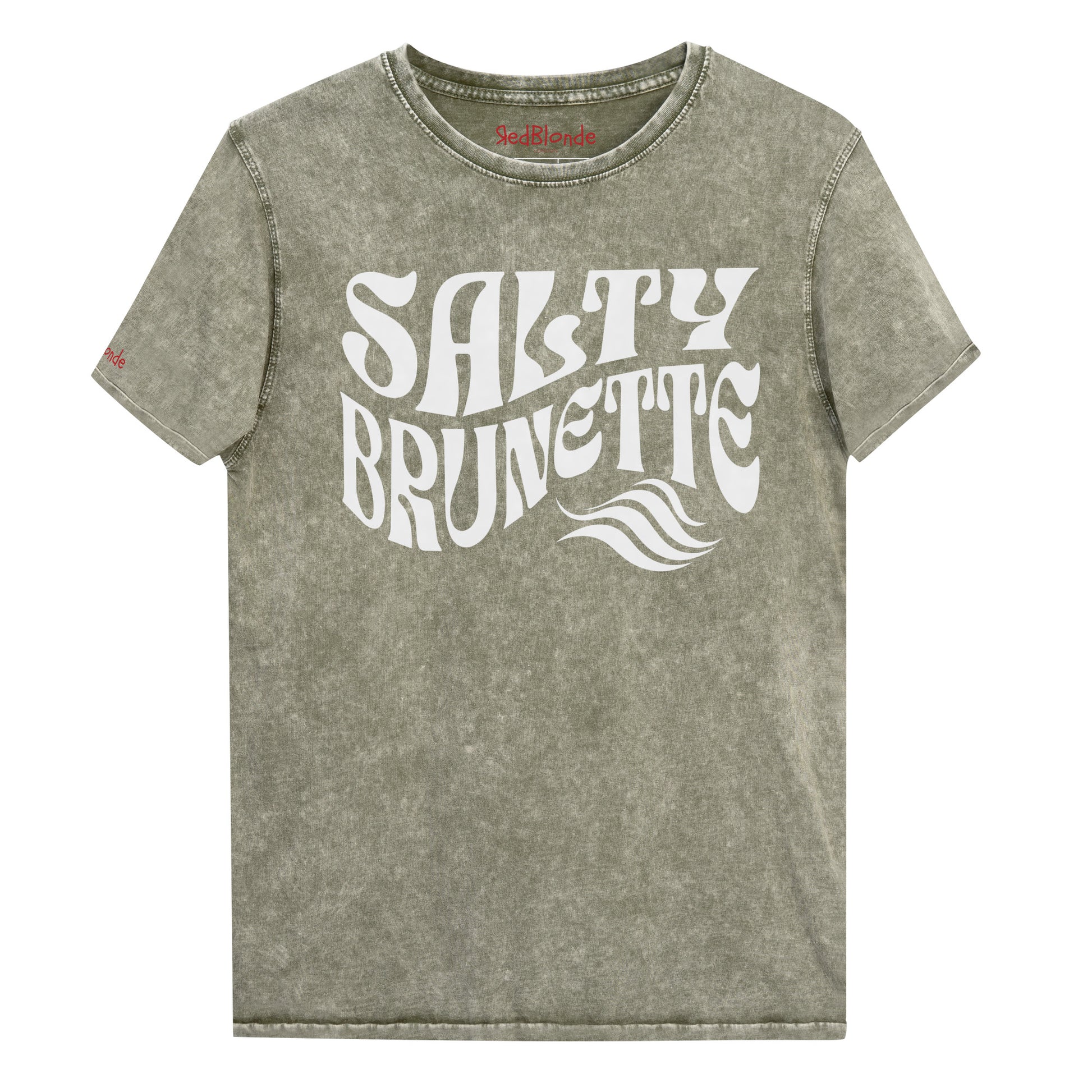flatlay of soft army green denim wash vintage  graphic t-shirt with the slogan 'Salty Brunette' in white retro 70s font. Branded RedBlonde in inside neck and right sleeve