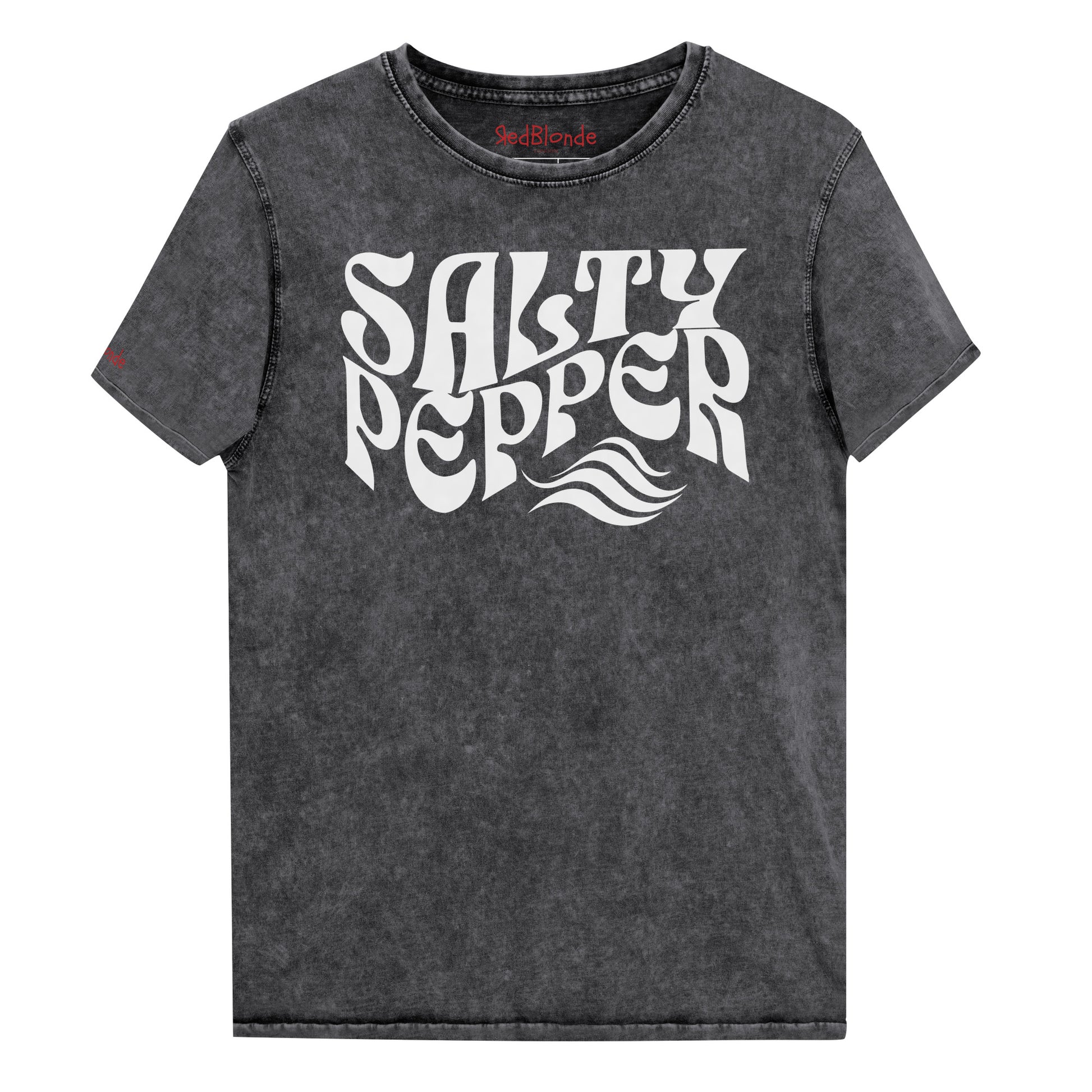 flatlay of soft black denim wash vintage  graphic t-shirt with the slogan 'Salty Pepper' in white retro 70s wavy font. Branded RedBlonde in red on inside neck and right sleeve