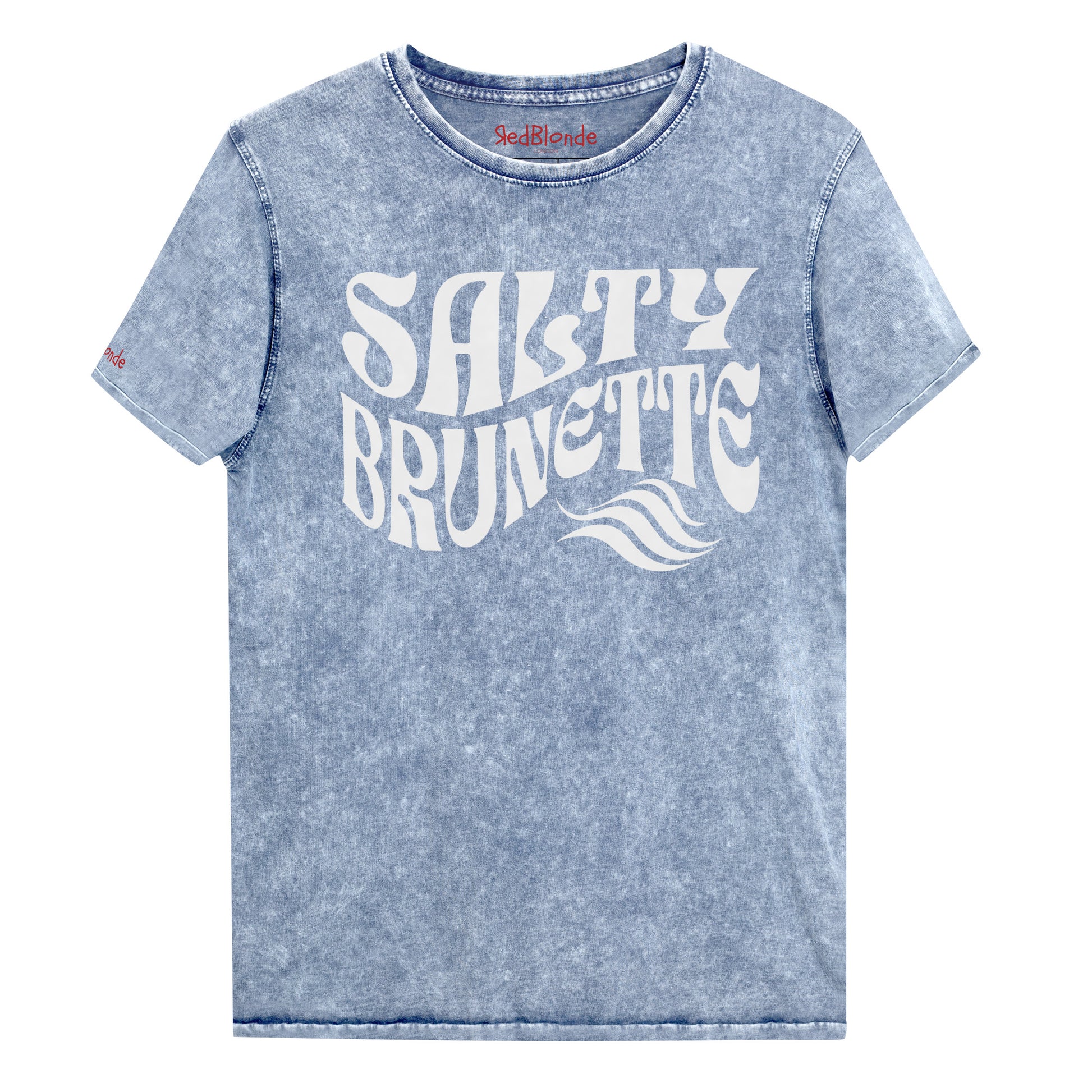 flatlay of soft blue denim wash vintage  graphic t-shirt with the slogan 'Salty Brunette' in white retro 70s font. Branded RedBlonde in inside neck and right sleeve