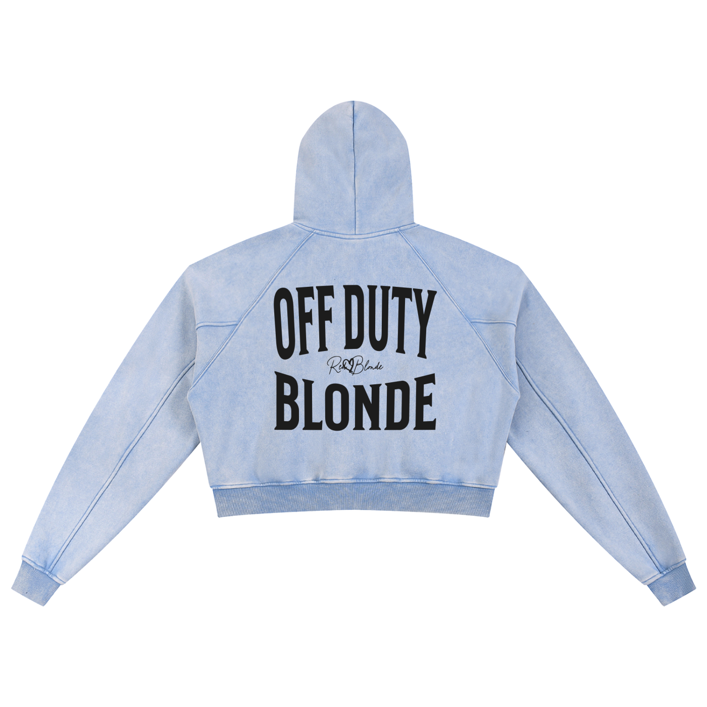 “Back view of a soft blue cropped hoodie with a hood and long sleeves, featuring large black ‘OFF DUTY BLONDE’ text and a small RedBlonde logo on the back.”