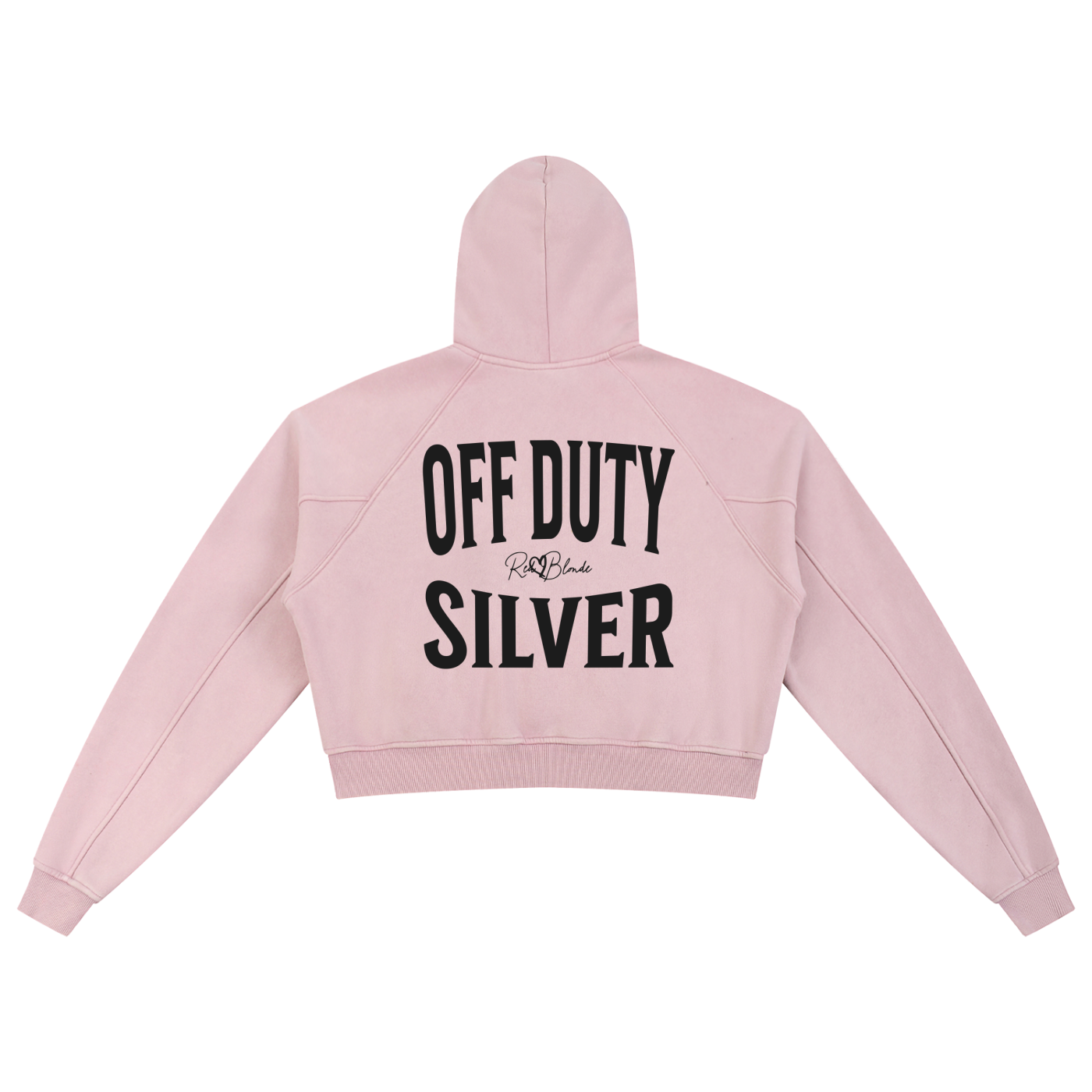 “Back view of a soft pink cropped hoodie with a hood and long sleeves, featuring large black ‘OFF DUTY SILVER' text and a small RedBlonde logo on the back.”