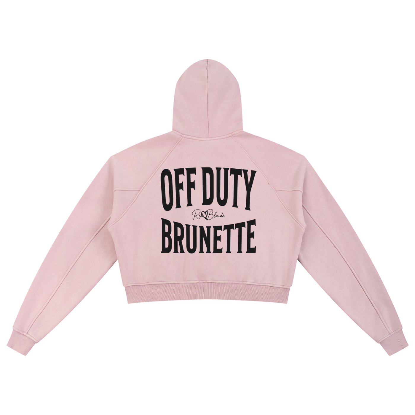 “Back view of a soft pink cropped hoodie with a hood and long sleeves, featuring large black ‘OFF DUTY BRUNETTE' text and a small RedBlonde logo on the back.”