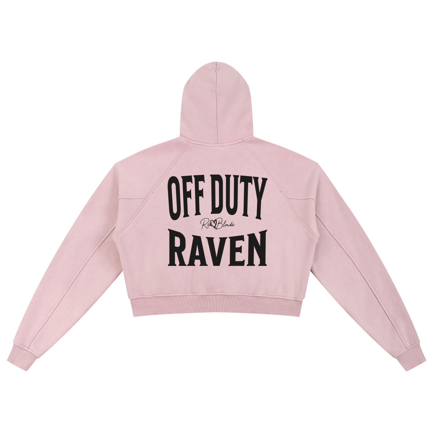 “Back view of a soft pink cropped hoodie with a hood and long sleeves, featuring large black ‘OFF DUTY RAVEN' text and a small RedBlonde logo on the back.”