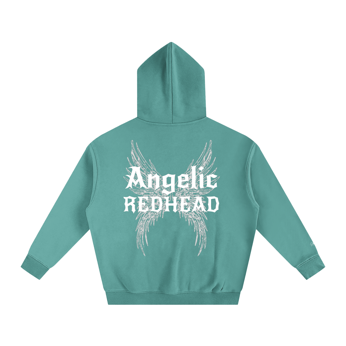 teal oversized fleeced hoodie with a back print featuring white gothic “Angelic Redhead” text layered over large angel wing artwork.