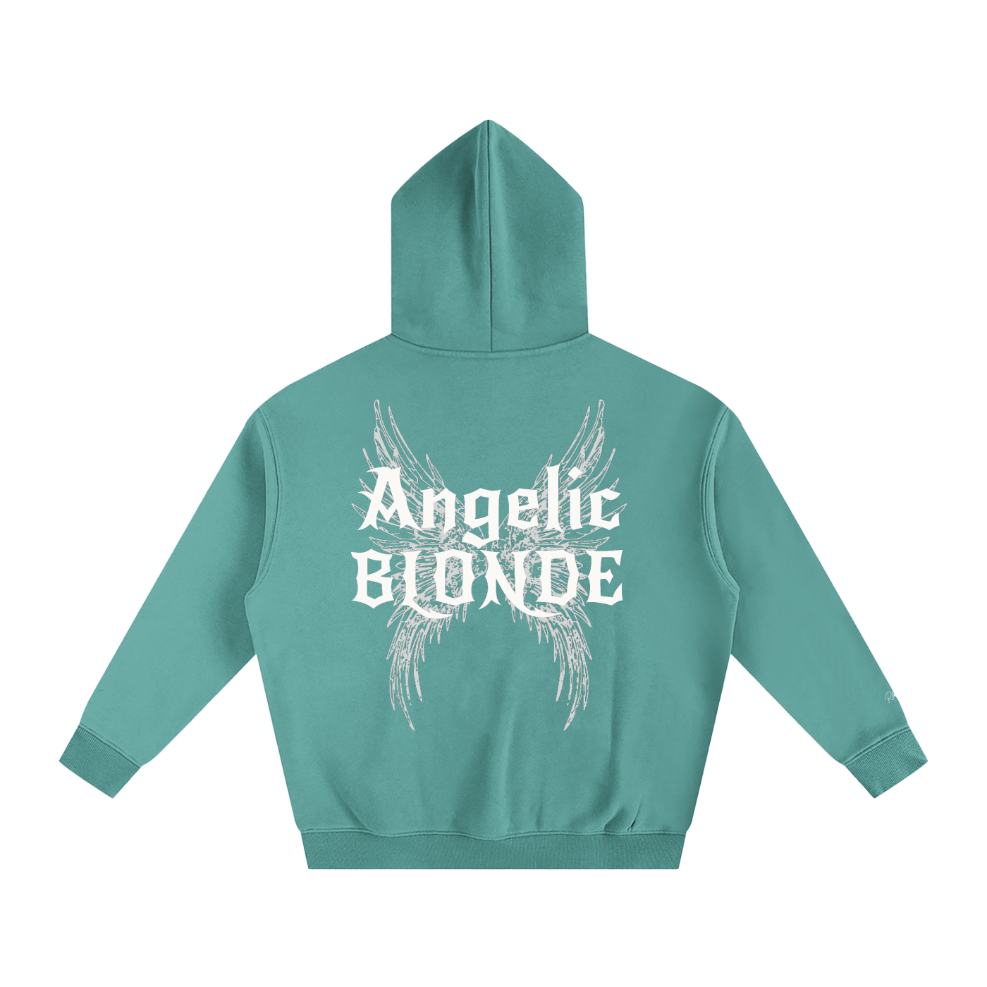 Teal oversized fleeced hoodie with a back print featuring white gothic “Angelic Blonde” text layered over large angel wing artwork.