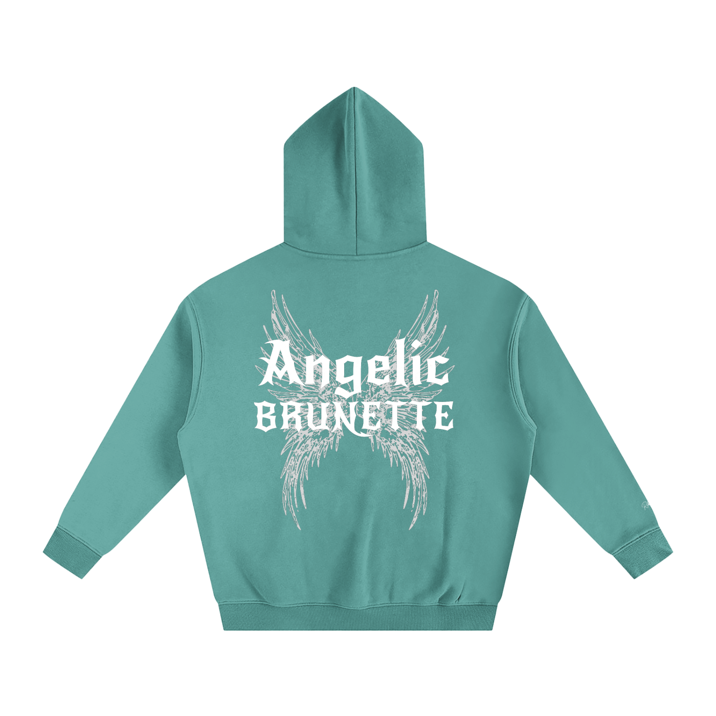 teal oversized fleeced hoodie with a back print featuring white gothic “Angelic Brunette” text layered over large angel wing artwork.