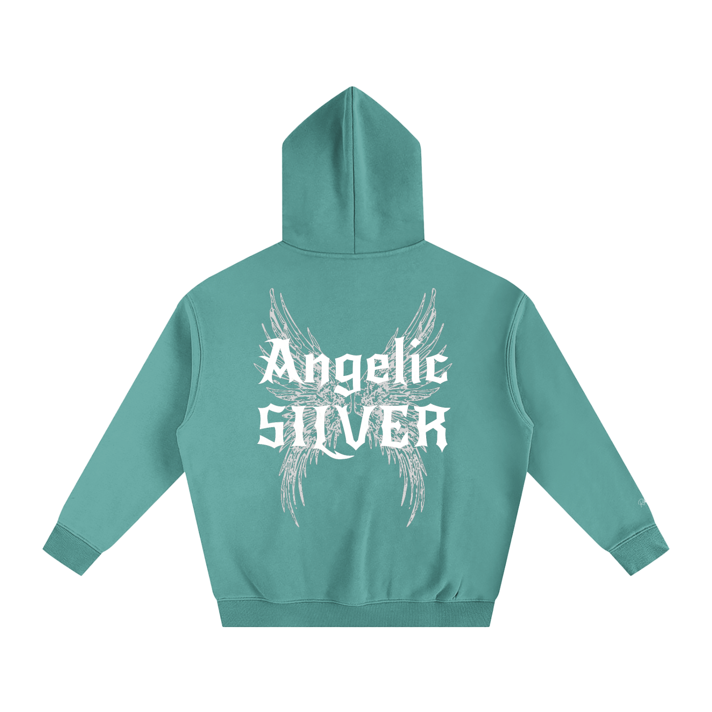 Teal oversized fleeced hoodie with a back print featuring white gothic “Angelic Silver” text layered over large angel wing artwork.