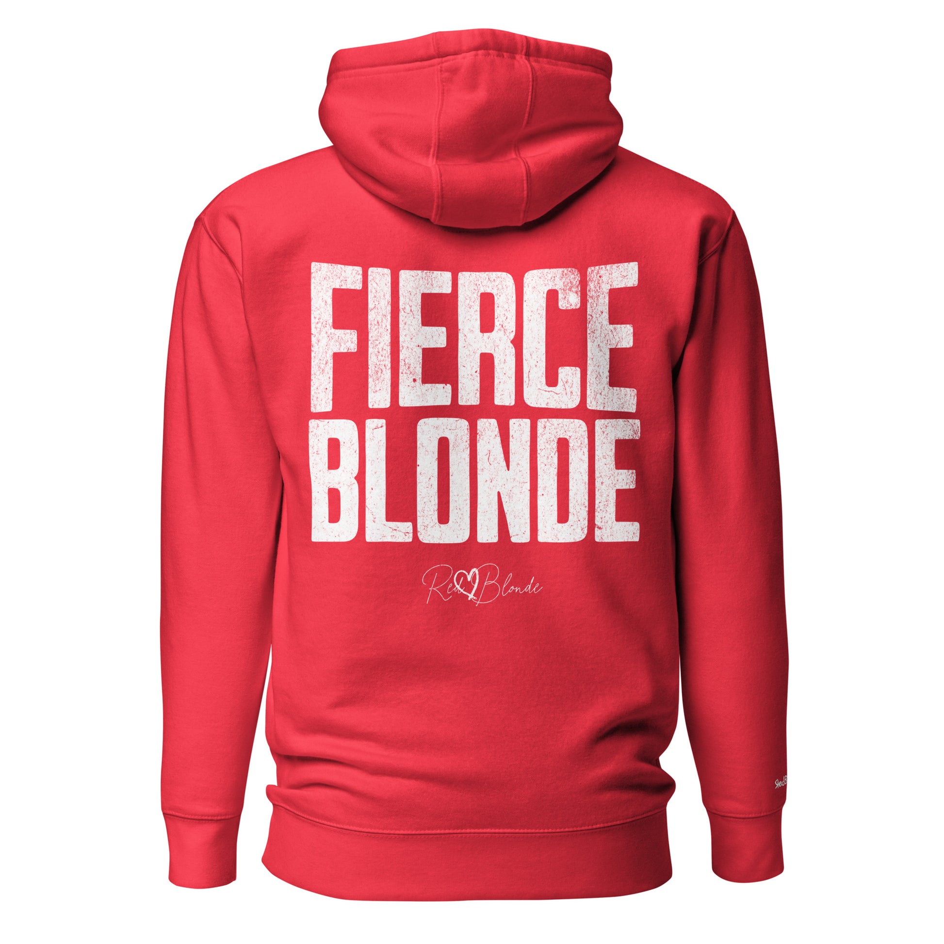 Back view of a team red hoodie featuring bold distressed North Road white text reading “Fierce Blonde” with the RedBlonde signature logo beneath. The design has a confident, statement-making style.It is branded RedBlonde on the inside neck and right sleeve