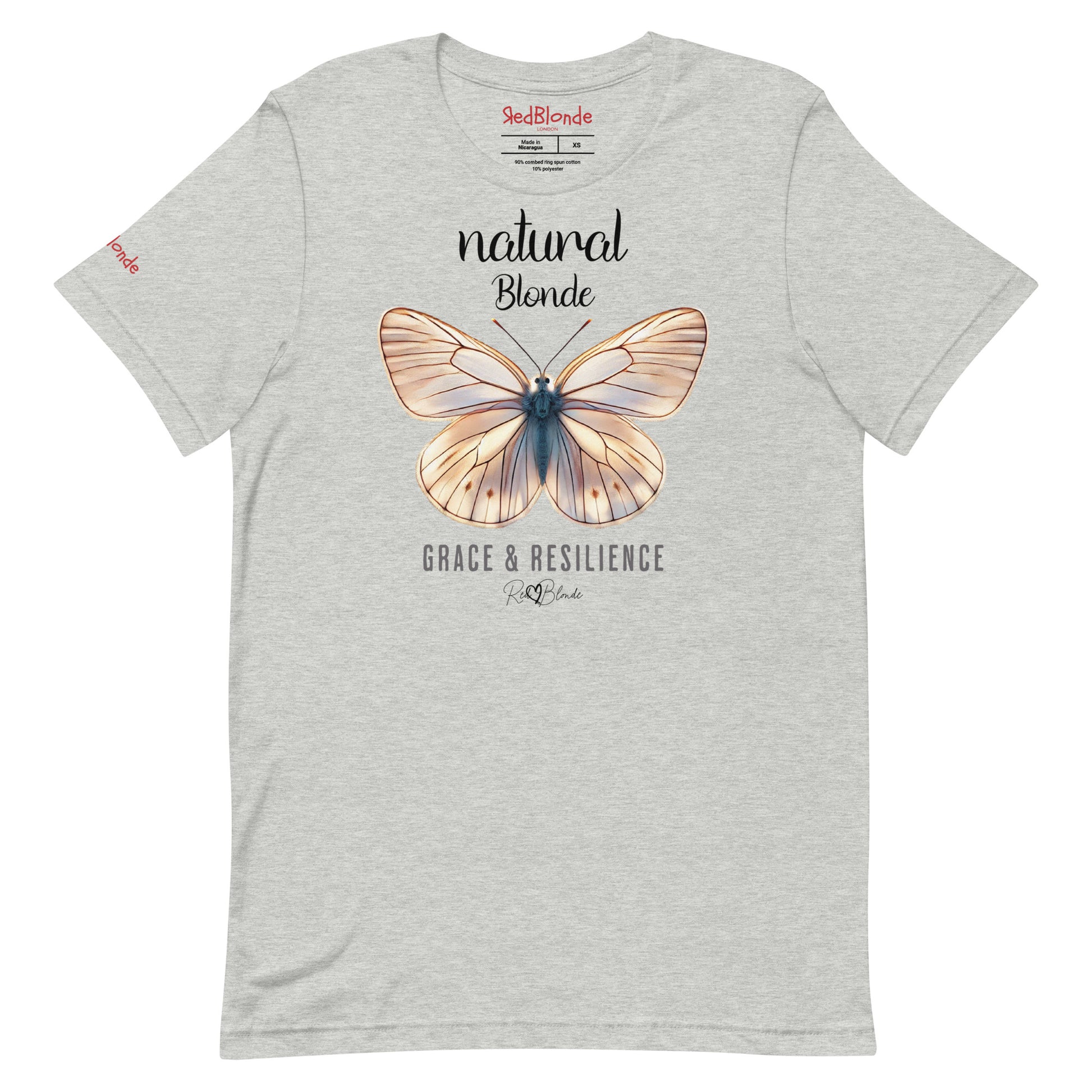 flatlay of a athletic grey unisex relaxed fit t-shirt with the words natural blonde in arionna font above a graphic of a blonde butterfly with 'GRACE & RESILIENCE' below in  adventurer 06 font signed off by RedBlonde. Branded RedBlonde London in red on inside neck and right sleeve