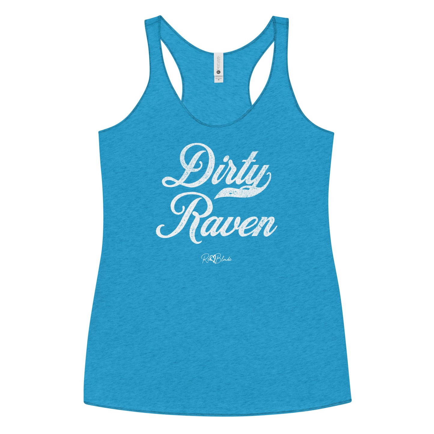 a turquoise women's racerback tank with the playful slogan ‘Dirty Raven’ in white milk-store font, signed off RedBlonde.