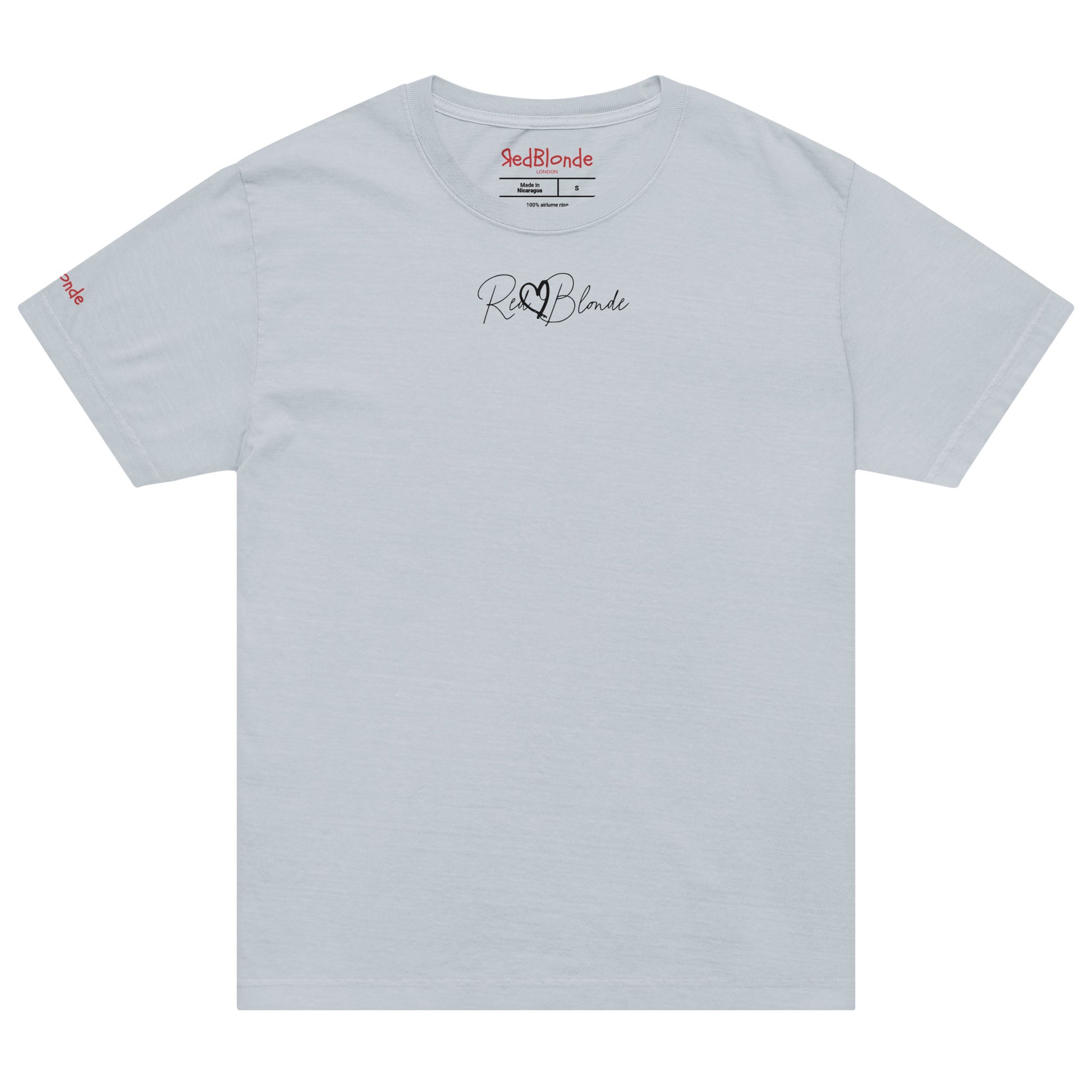 Front view of pale blue washed denim oversized unisex T-shirt with a small RedBlonde signature logo. Branded RedBlonde on inside neck and right sleeve 
