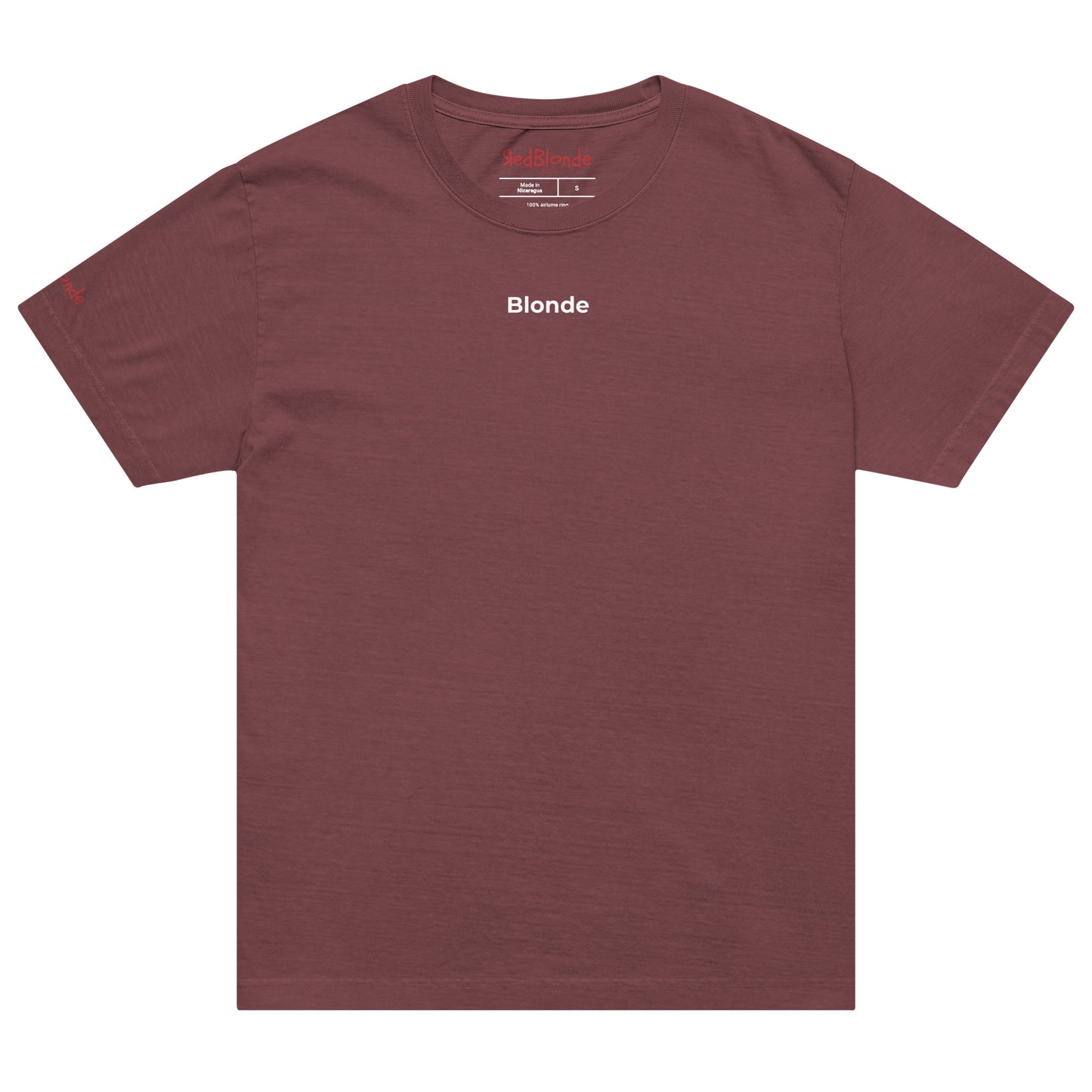maroon oversized t-shirt with 'Blonde' in white small monserrat text just under the neck. Branded RedBlonde on inside neck and right sleeve