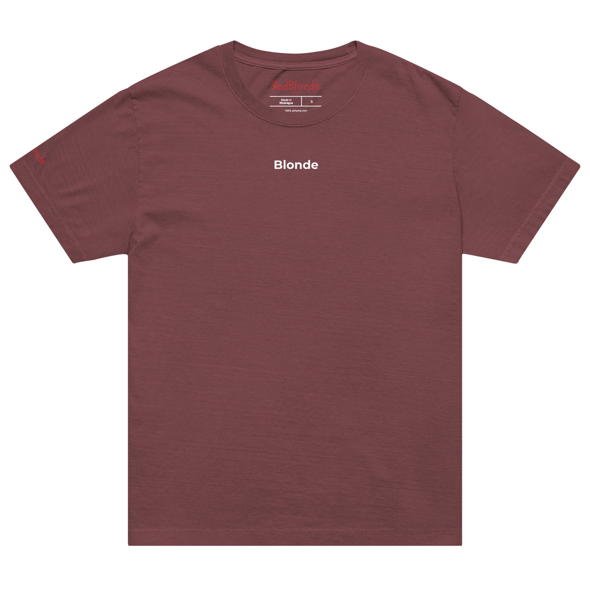 maroon oversized t-shirt with 'Blonde' in white small monserrat text just under the neck. Branded RedBlonde on inside neck and right sleeve