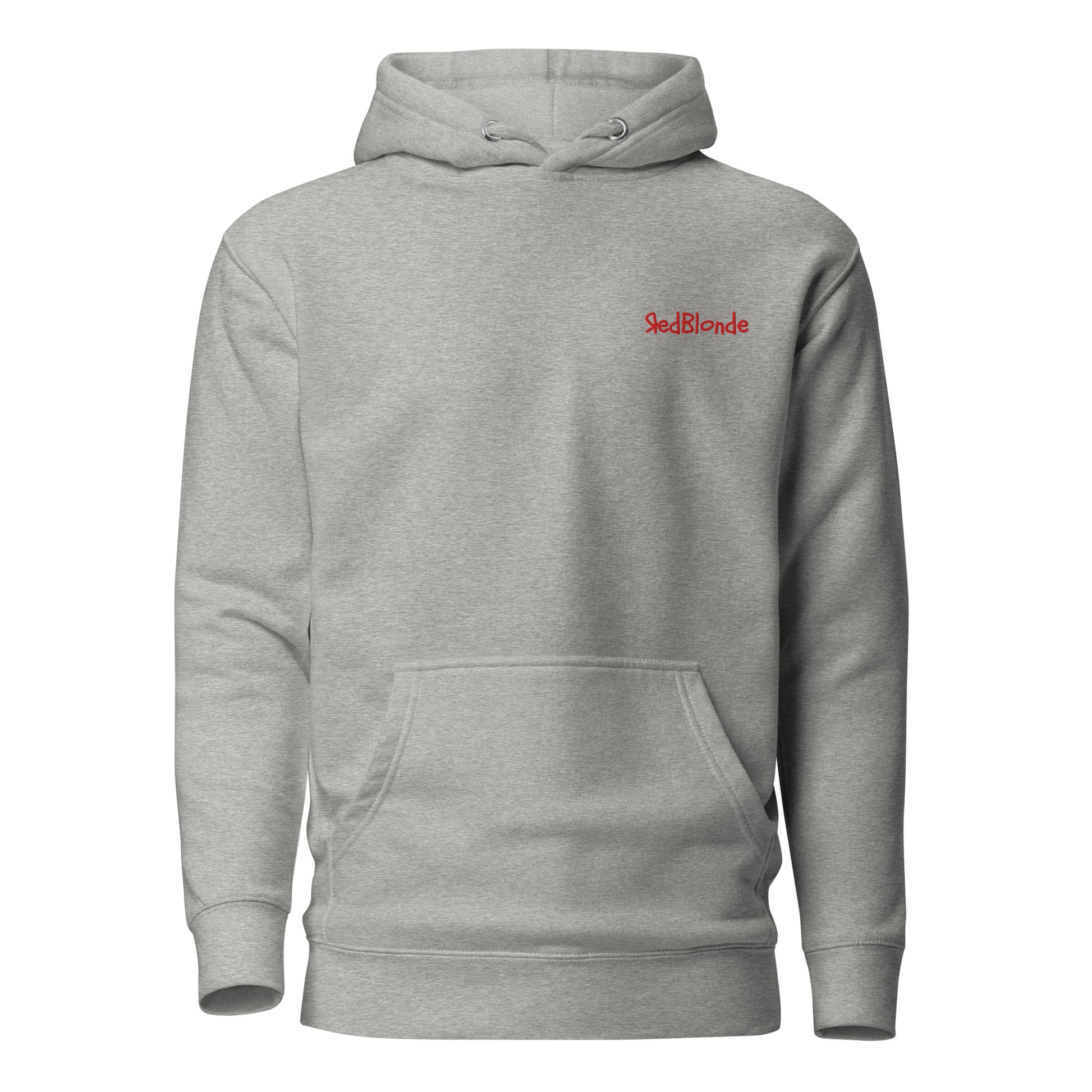 Front view of grey 3 panel unisex classic hoodie with RedBlonde embroidered branding on top right breast area