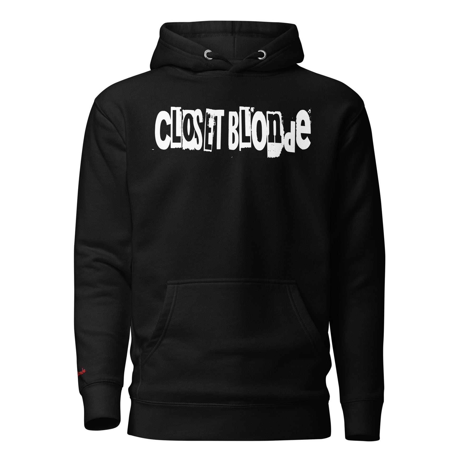Flatlay of a unisex black relaxed fit graphic classic hoodie with “Closet Blonde” in irregular black and white printing block style caps and lowercase lettering. Branded RedBlonde on the inside neck and right shoulder in red