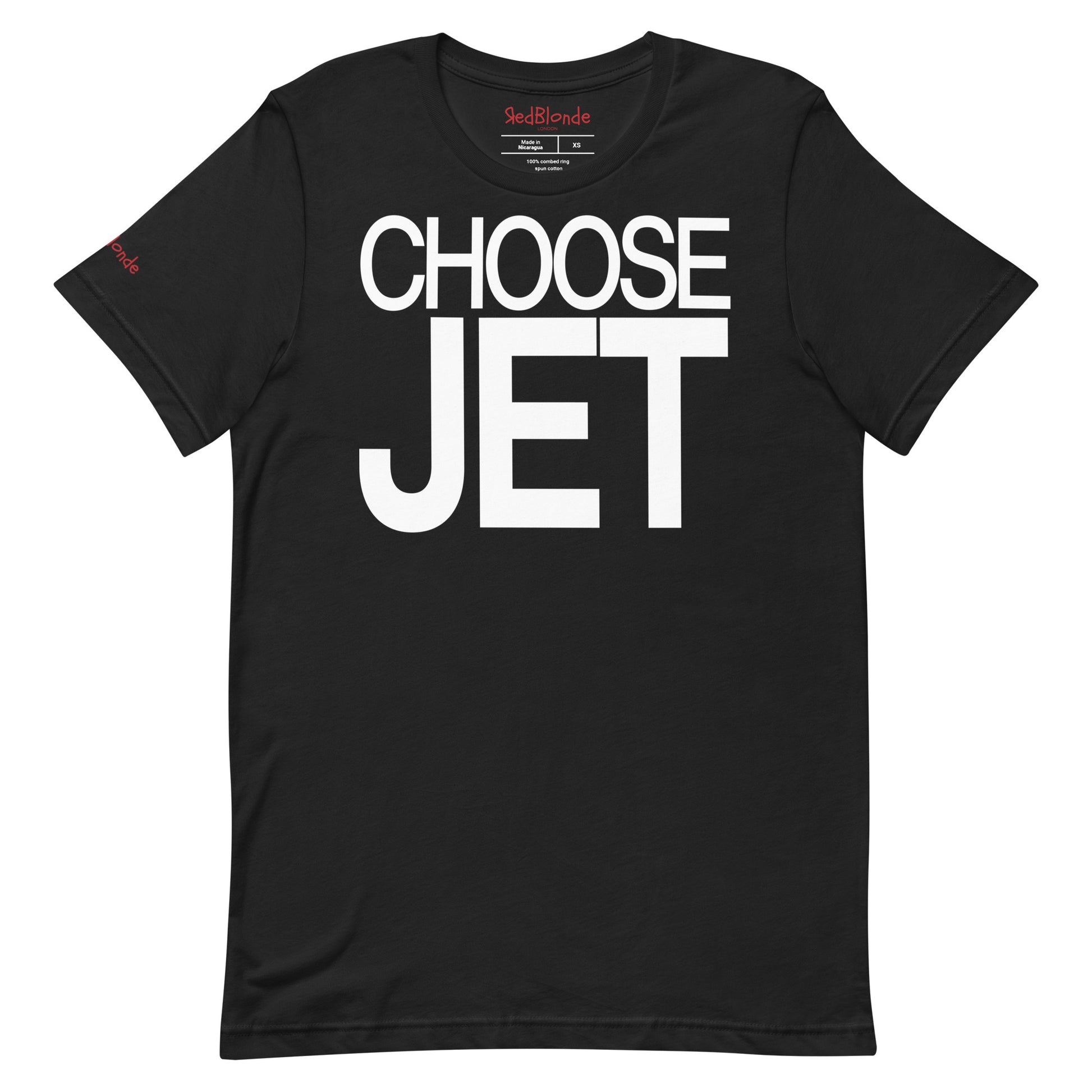 Flatlay of a unisex black relaxed fit graphic t-shirt with “Choose Jet” in white Helvetica Now font emblazoned on the front. Branded RedBlonde on the inside neck and right shoulder