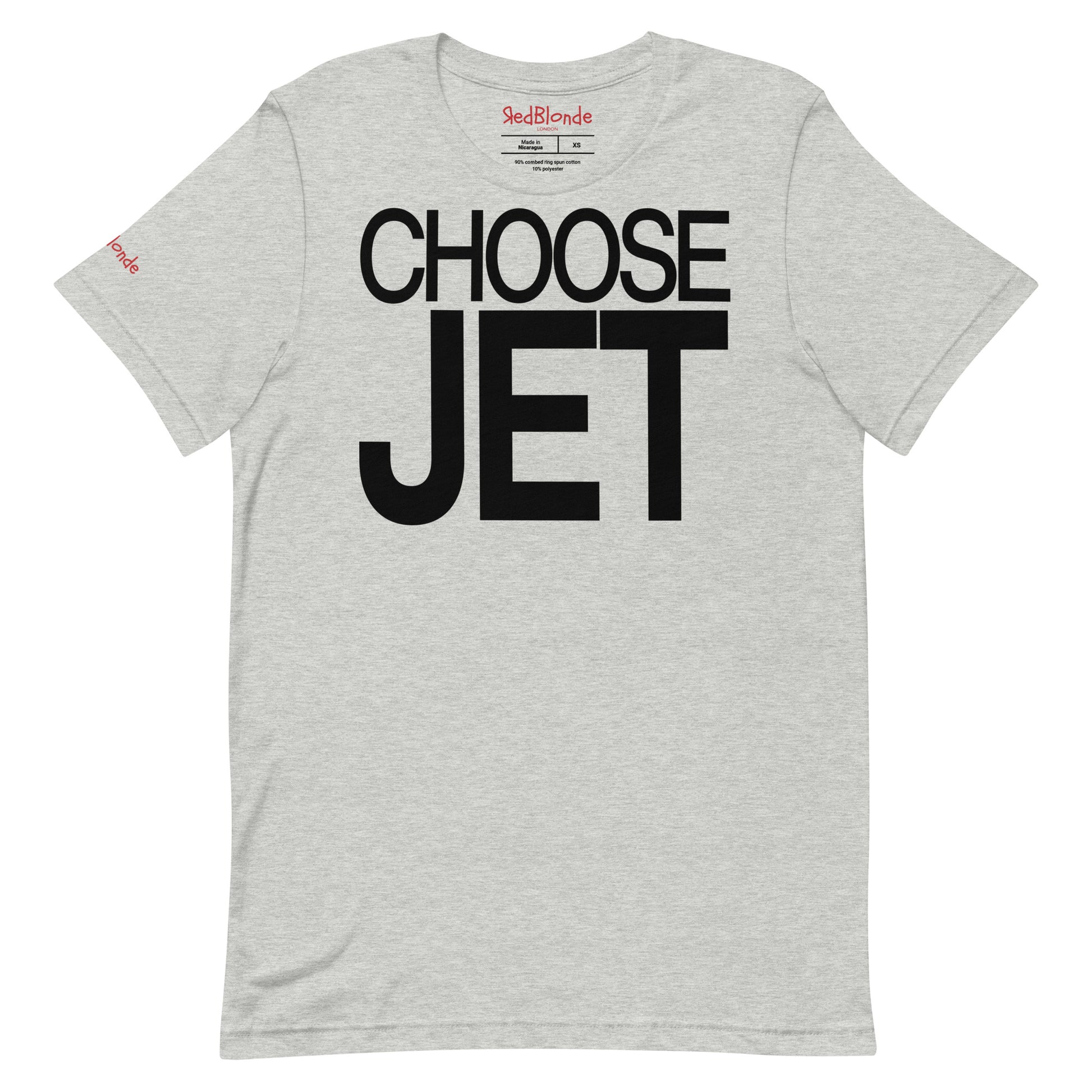 Flatlay of a unisex grey relaxed fit graphic t-shirt with “Choose Jet” in black helvetica now font emblazoned on the front. Branded RedBlonde on the inside neck and right shoulder