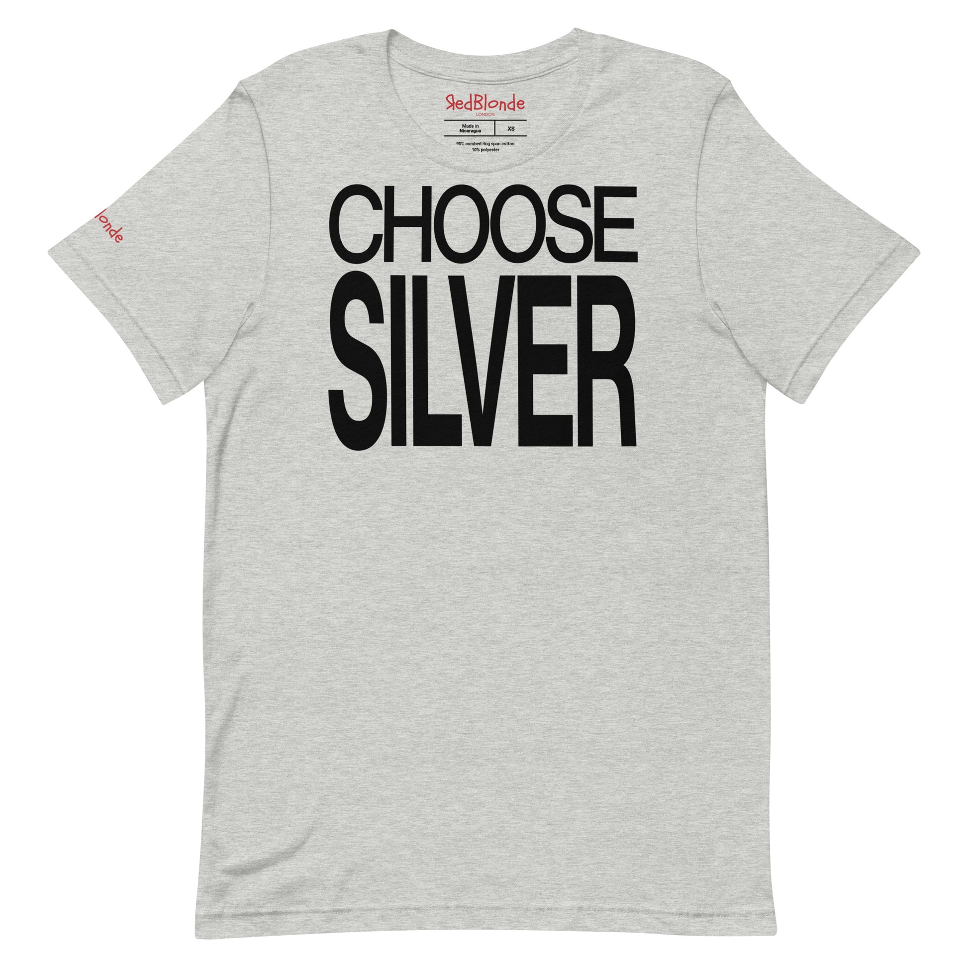 Flatlay of a unisex grey relaxed fit graphic t-shirt with “Choose Silver” in black Helvetica Now font emblazoned on the front. Branded RedBlonde on the inside neck and right sleeve
