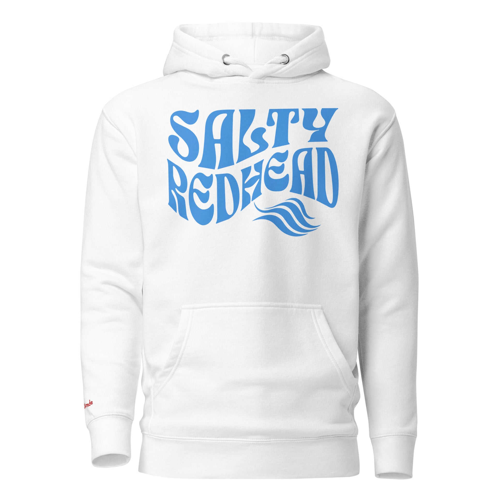 Classic relaxed fit unisex hoodie in white 'Salty Redhead' play on words slogan in blue retro 70s wavy text. Branded RedBlonde in red in inside neck and right cuff