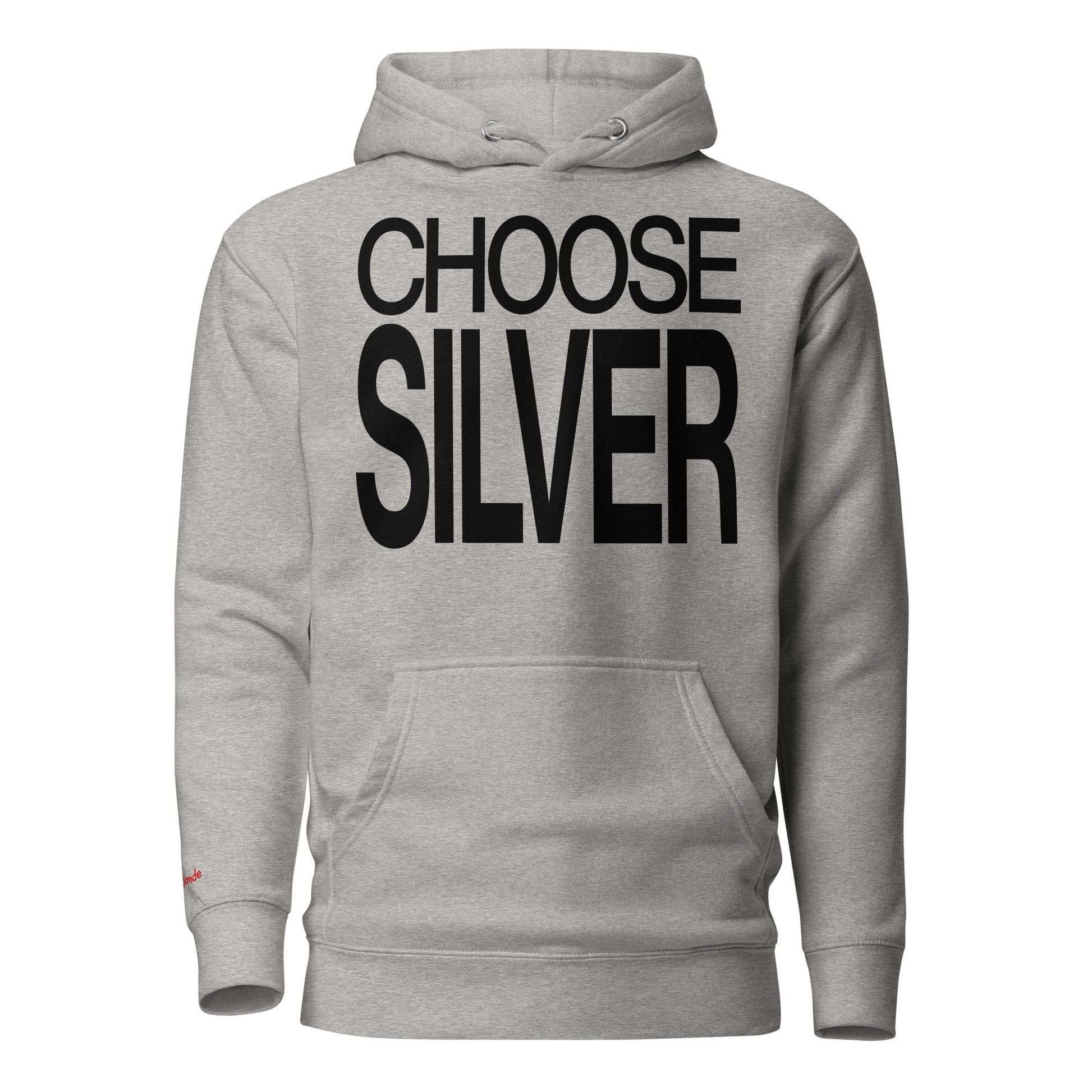 Flatlay of a 80s inspired unisex light gray relaxed fit graphic classic hoodie with “Choose Silver” in black emblazoned on the front. Branded RedBlonde on the inside neck and right shoulder in red
