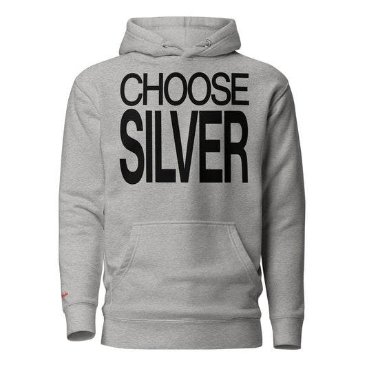 Flatlay of a 80s inspired unisex light gray relaxed fit graphic classic hoodie with “Choose Silver” in black emblazoned on the front. Branded RedBlonde on the inside neck and right shoulder in red