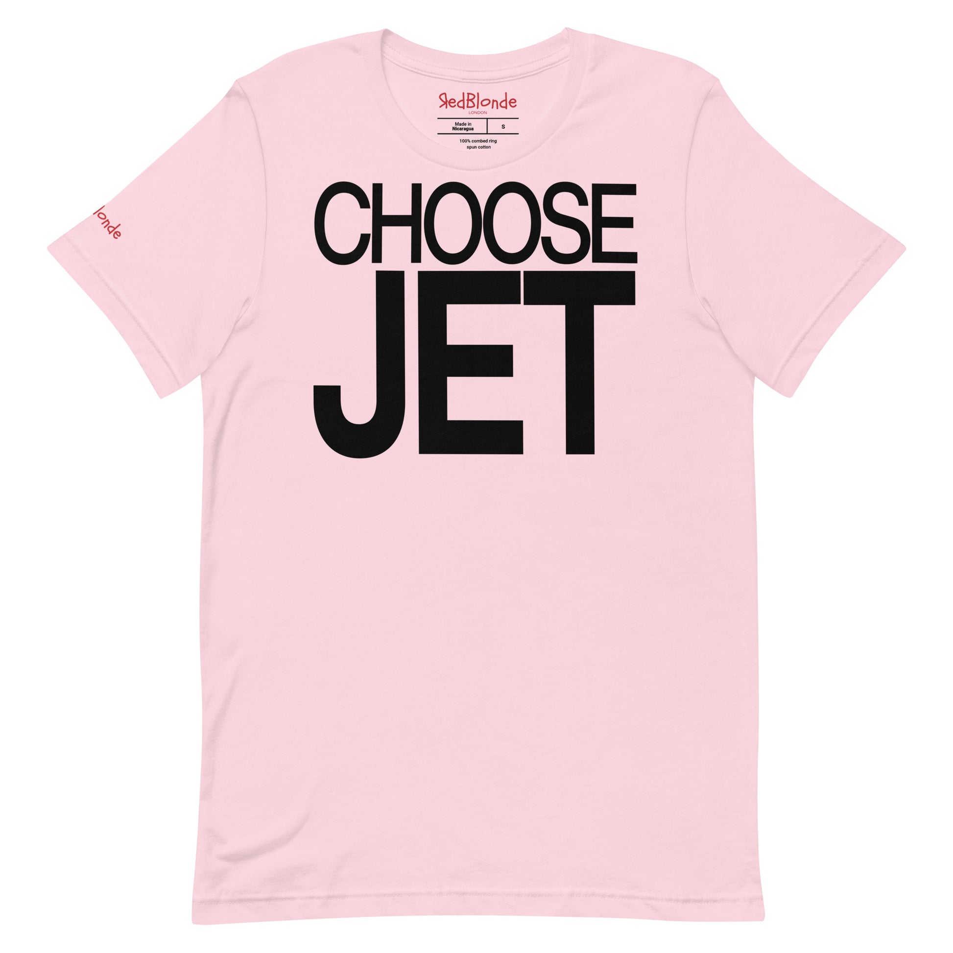 Flatlay of a unisex pale pink relaxed fit graphic t-shirt with “Choose Jet” in black helvetica now font emblazoned on the front. Branded RedBlonde on the inside neck and right shoulder