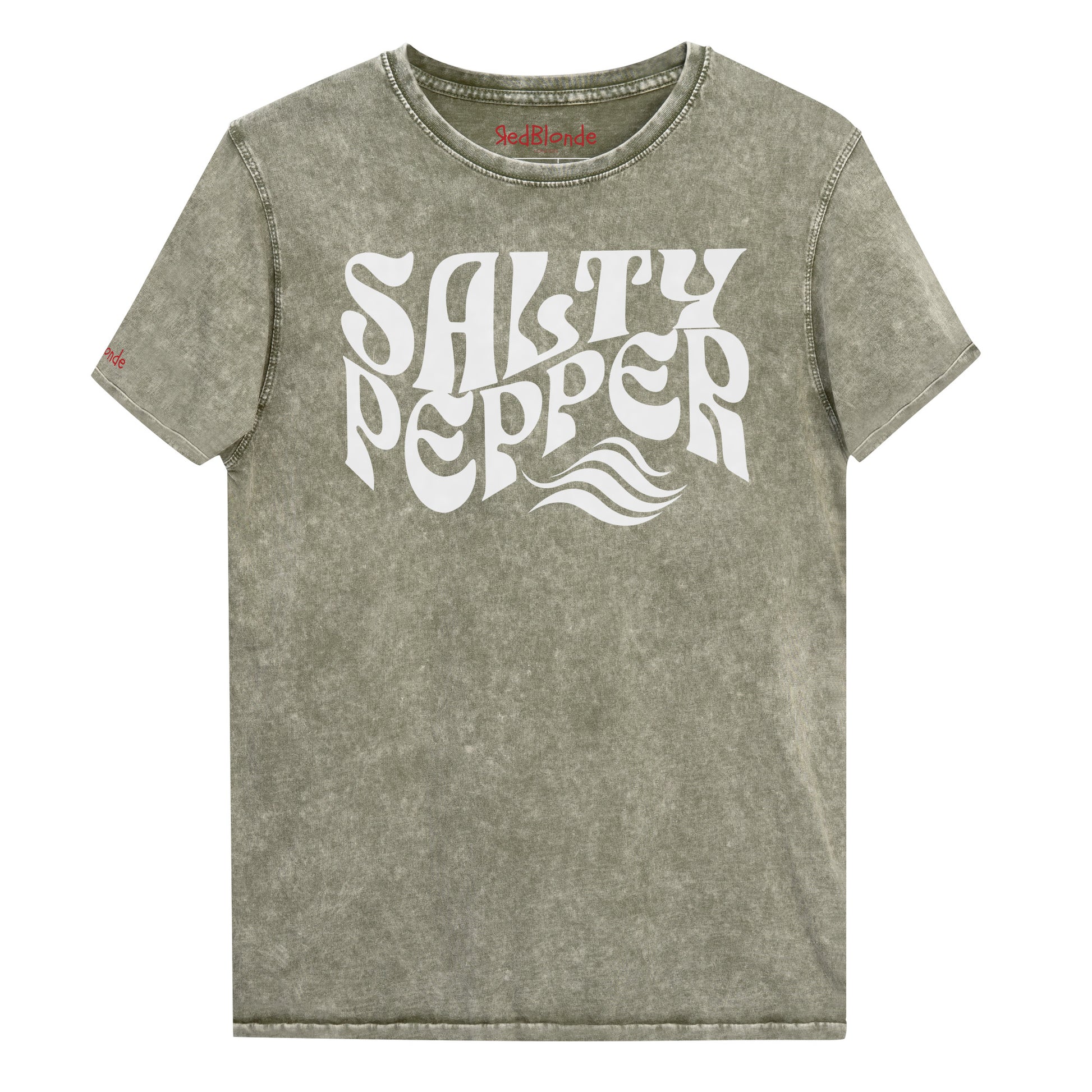 flatlay of unisex relaxed fit soft army green denim wash vintage  graphic t-shirt with the slogan 'Salty Pepper' in white retro 70s wavy font. Branded RedBlonde in red on inside neck and right sleeve