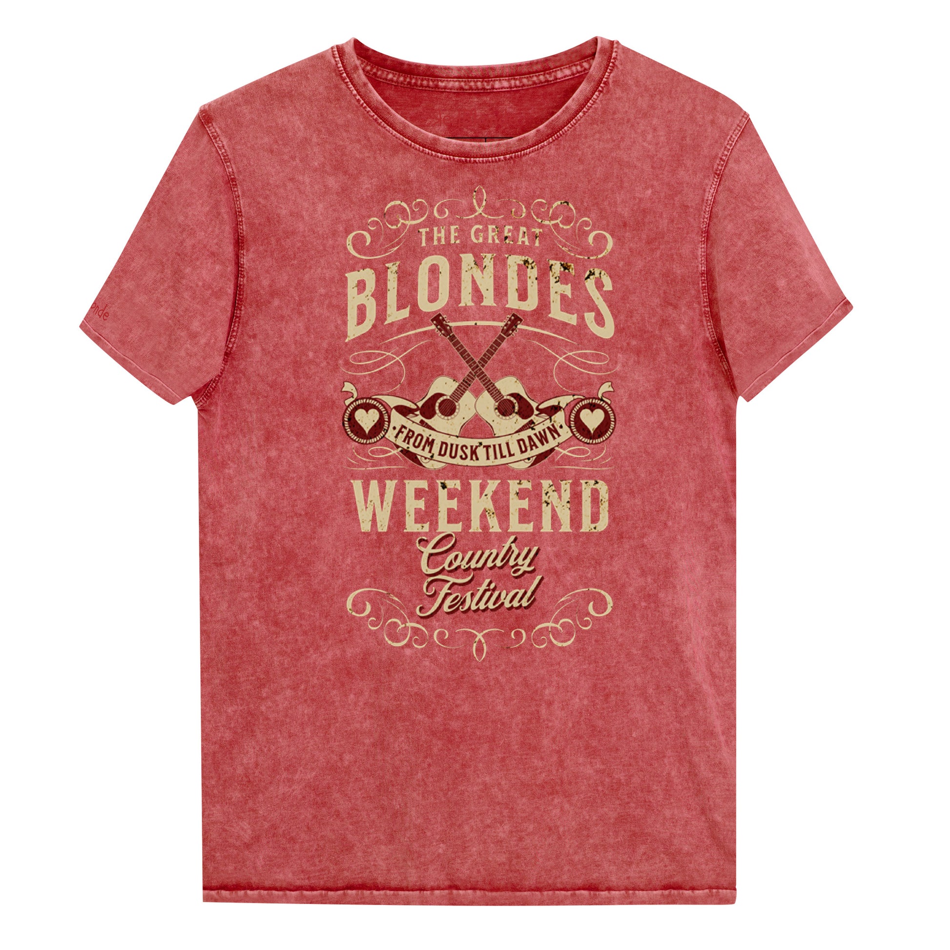 A unisex t-shirt in garnet red denim wash with a graphic featuring ‘THE GREAT BLONDES WEEKEND’ in Brookfield font and ‘Country Festival’ in Milkstore font around two guitars and a banner saying ‘From Dust Till Dawn’. Branded RedBlonde London on inside neck and right sleeve