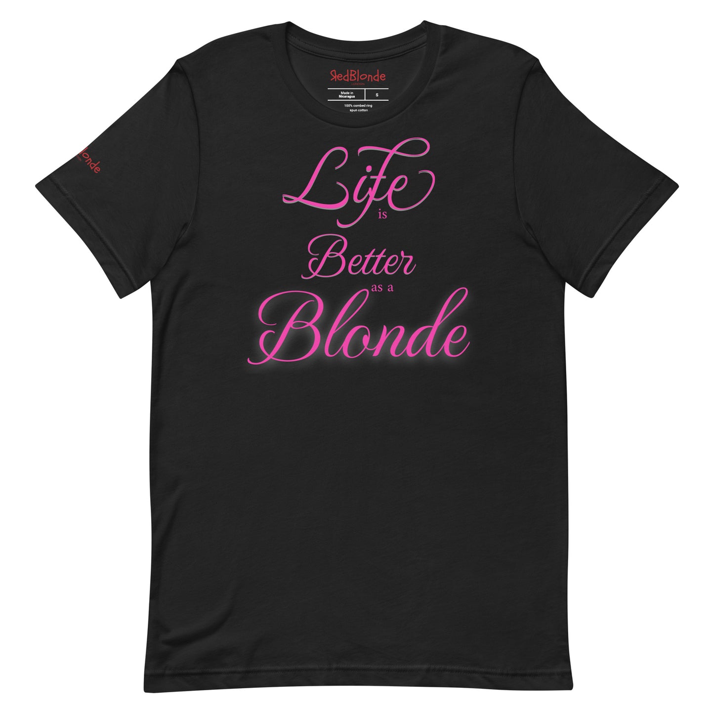 Flatlay of a unisex vintage black relaxed fit graphic t-shirt with the slogan 'life is better as a blonde' in pink 'monte carlo' font, like slanted handwriting. Branded RedBlonde London in red on inside neck and right sleeve 