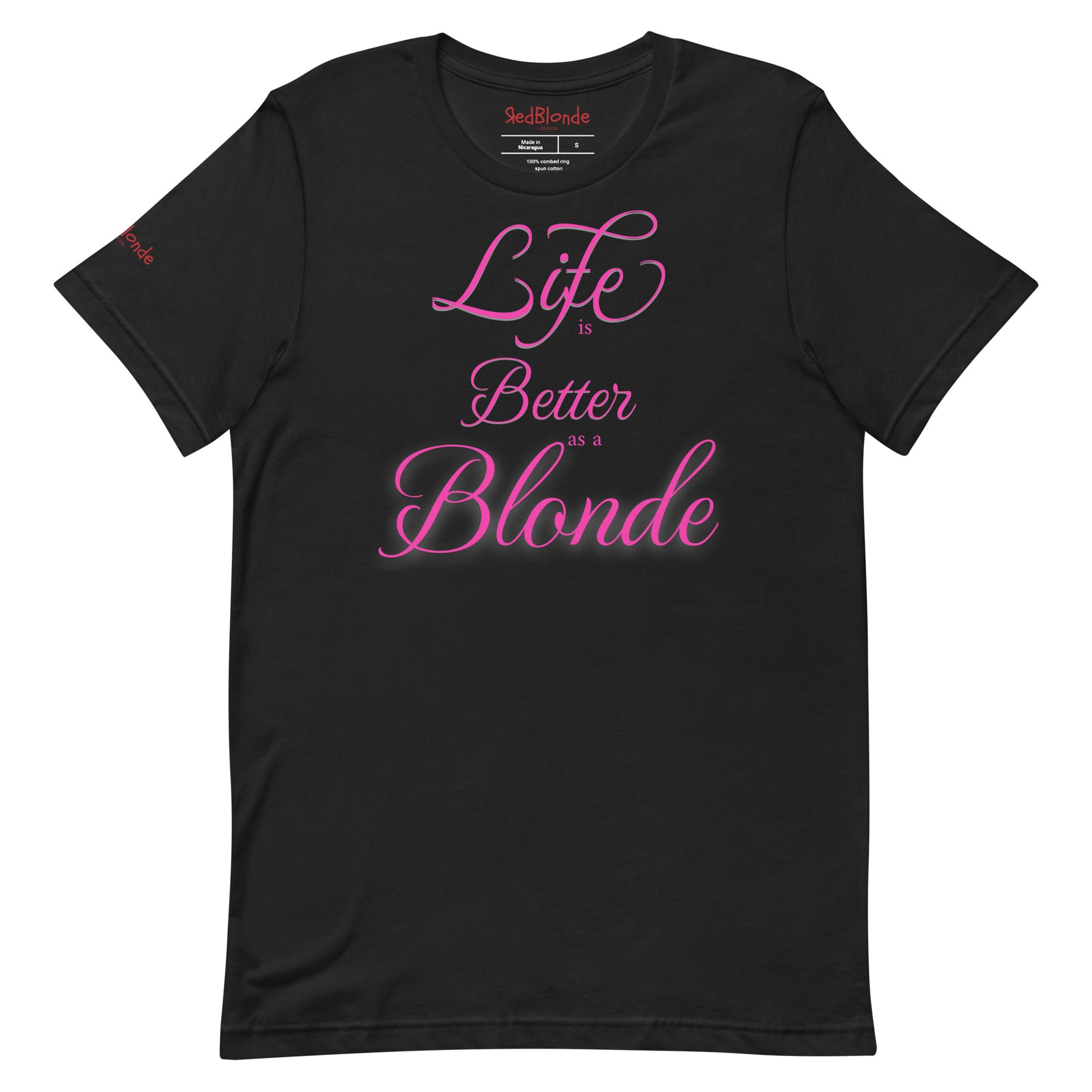 Flatlay of a unisex vintage black relaxed fit graphic t-shirt with the slogan 'life is better as a blonde' in pink 'monte carlo' font, like slanted handwriting. Branded RedBlonde London in red on inside neck and right sleeve 