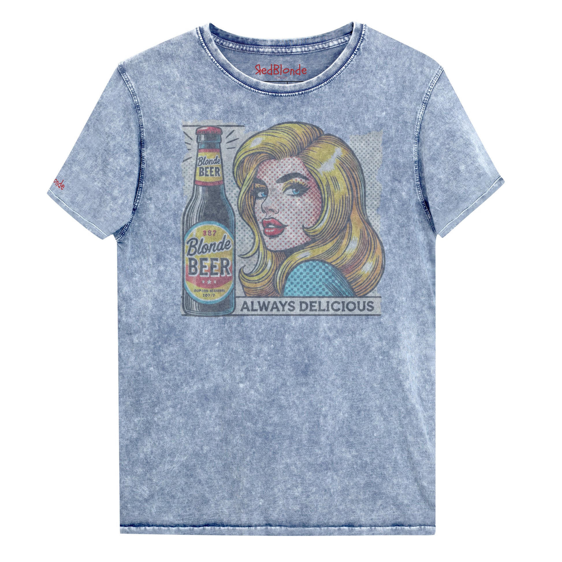 Flatlay of a unisex vintage blue denim wash t-shirt featuring a pop-art graphic of the head and shoulders of a Blonde woman next to a bottle of Beer, labelled Blonde Beer, Always Delicious. branded RedBlonde in red on inside neck and right sleeve 