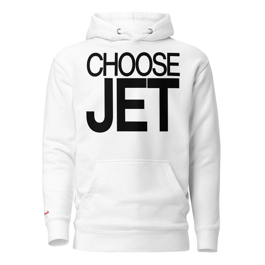 Flatlay of a 80s inspired unisex white relaxed fit graphic classic hoodie with “Choose Jet” in black emblazoned on the front. Branded RedBlonde on the inside neck and right shoulder in red
