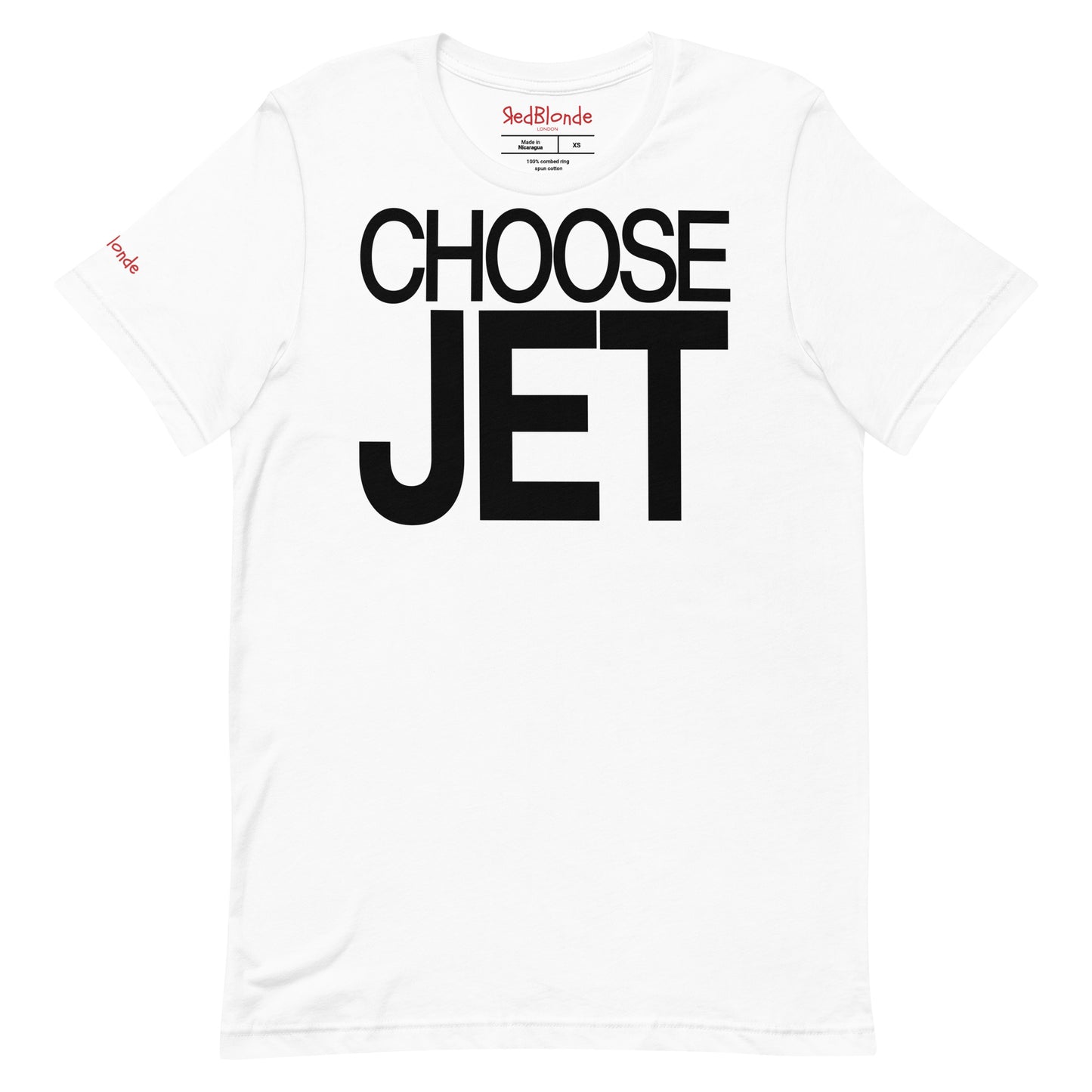 Flatlay of a unisex white relaxed fit graphic t-shirt with “Choose Jet” in black helvetica now font emblazoned on the front. Branded RedBlonde on the inside neck and right shoulder