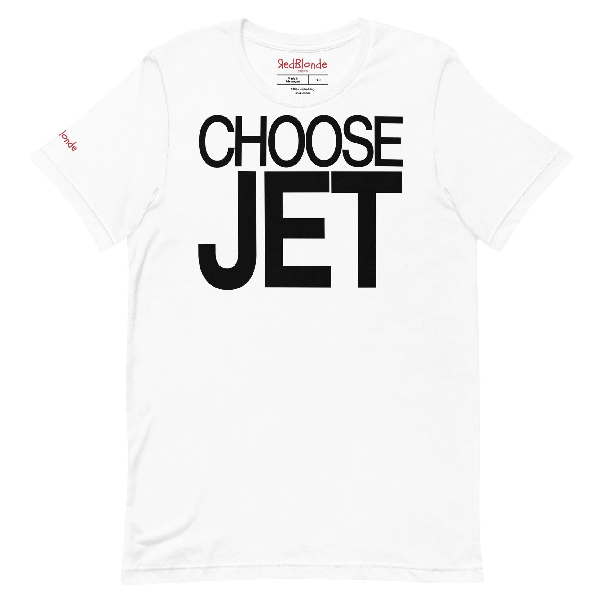 Flatlay of a unisex white relaxed fit graphic t-shirt with “Choose Jet” in black helvetica now font emblazoned on the front. Branded RedBlonde on the inside neck and right shoulder
